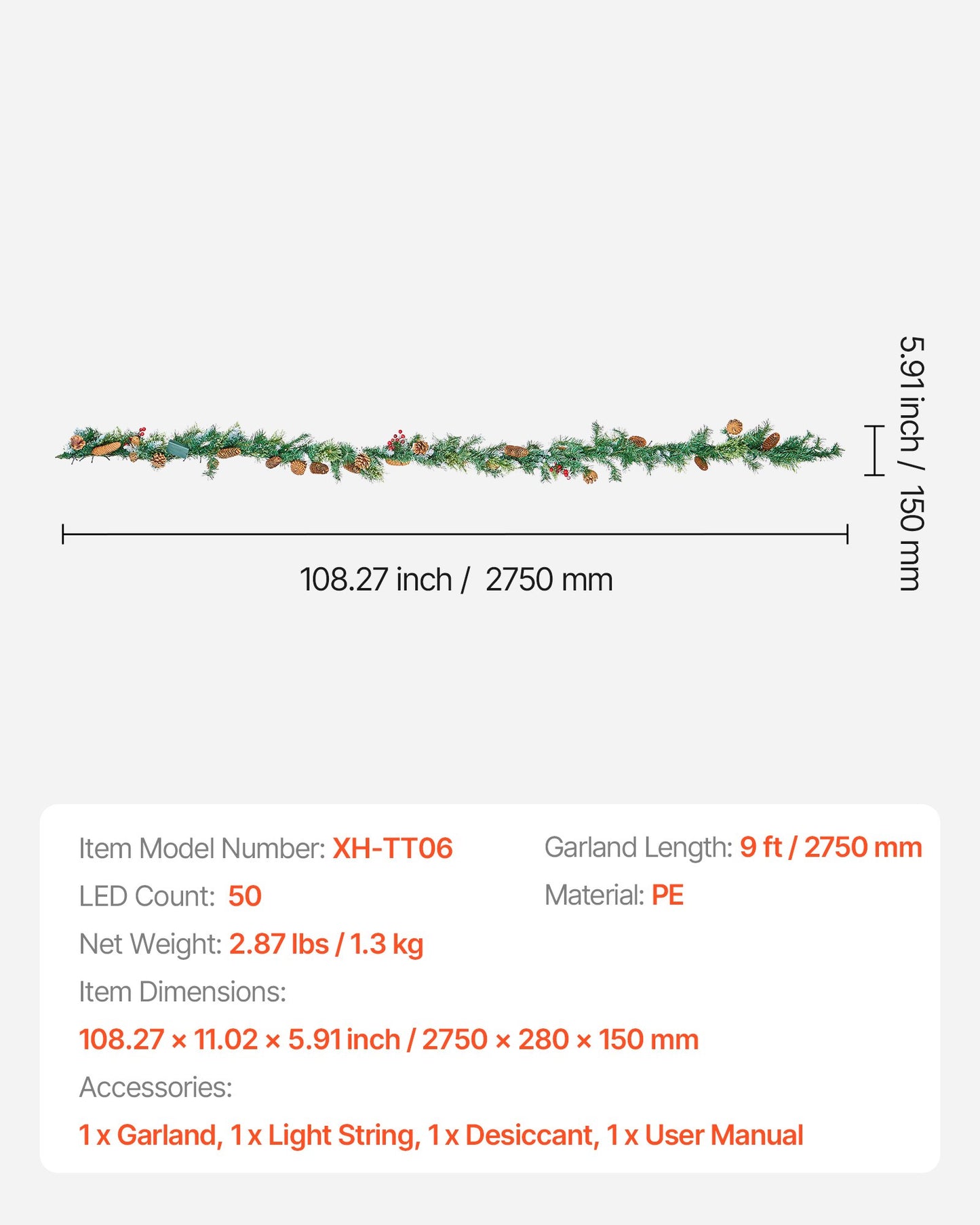 Christmas Garland, 2750mm Artificial Christmas Garland with Light String, Faux Greenery Decoration with Berry Clusters, Pine Needles, Pine Cones, Realistic Xmas Collection for Mantel Fireplace