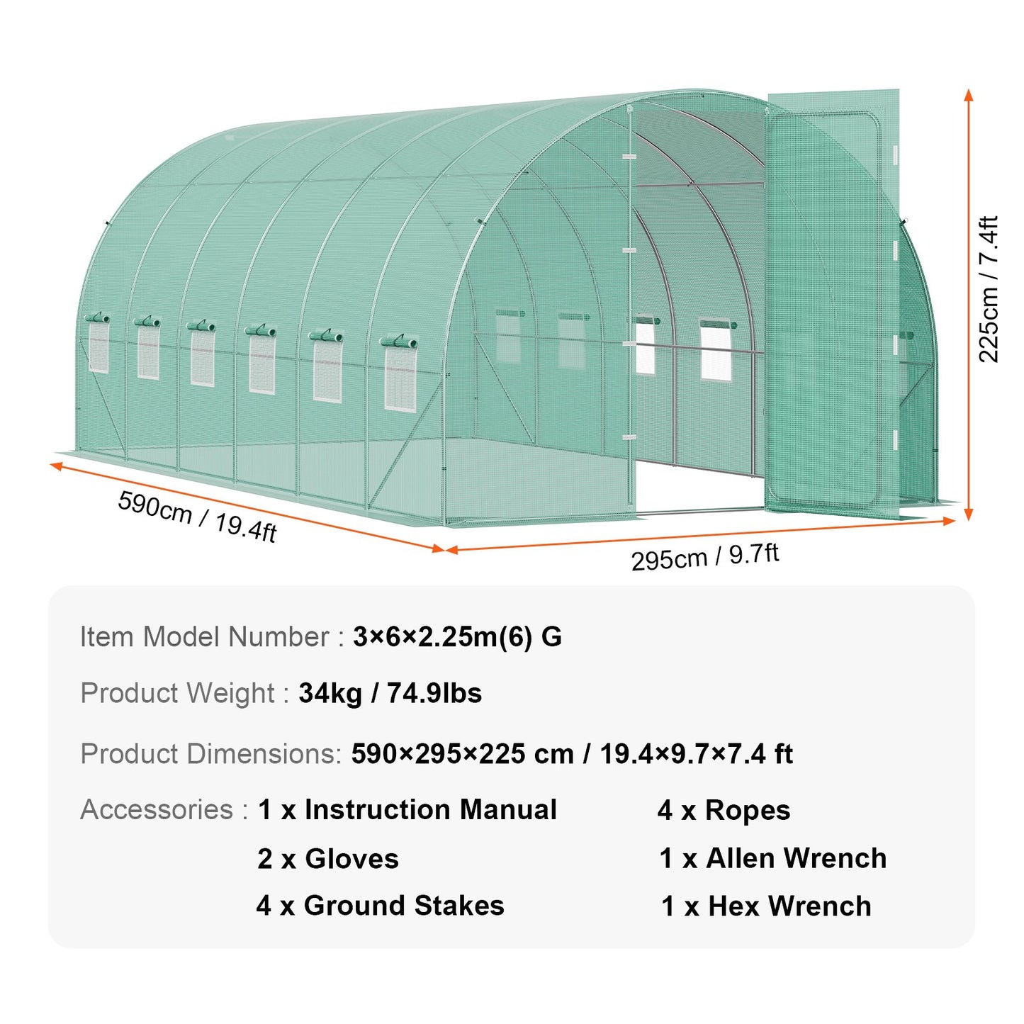Walk-in Tunnel Greenhouse, 19.4x9.7x7.4 ft Hoop House Greenhouse Tunnel, Plant Hot House with Galvanized Steel Frame, Green PE Cover, Swing Door and 12 Roll-up Windows for Outdoor