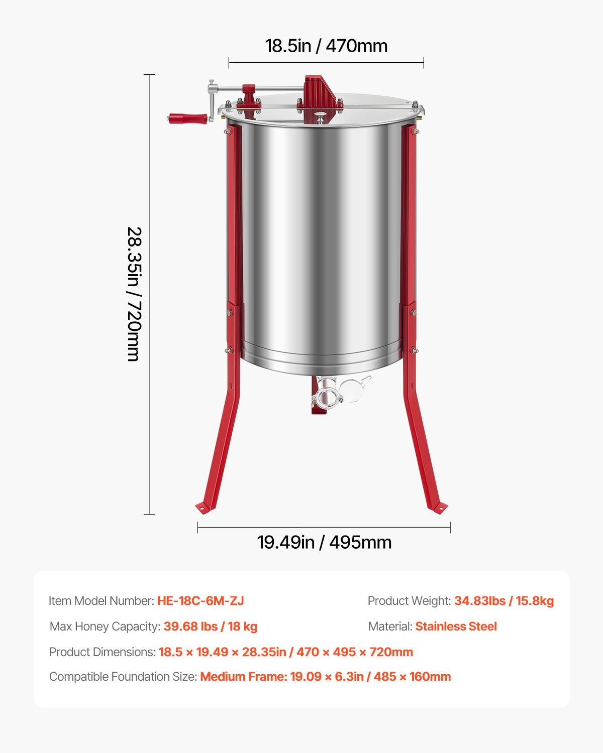 Honungsextraktor, manuell honungsspinner med 6 ramar och transparent lock, trumspinner i rostfritt stål med honungskaka och höjdjusterbart stativ, centrifugutrustning för extraktion av honungskaka för biodling