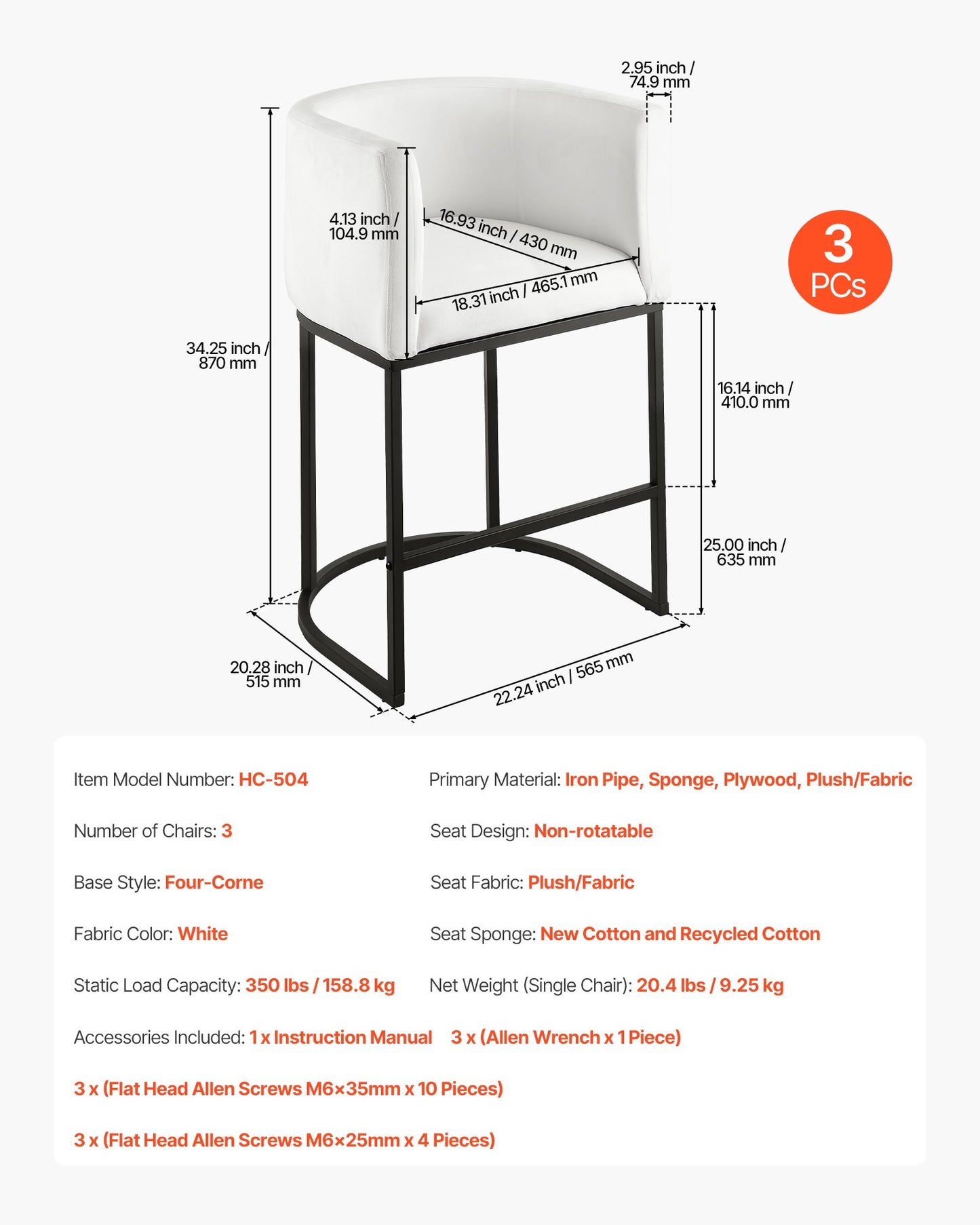 Bar Stool Set of 3, 63cm Counter Height Stools, Counter Barstool with Backrest, Arm, Metal Frame, and Footrest, Accent Fabric Bar Chair, Island Barstools for Kitchen, Dining Room, White