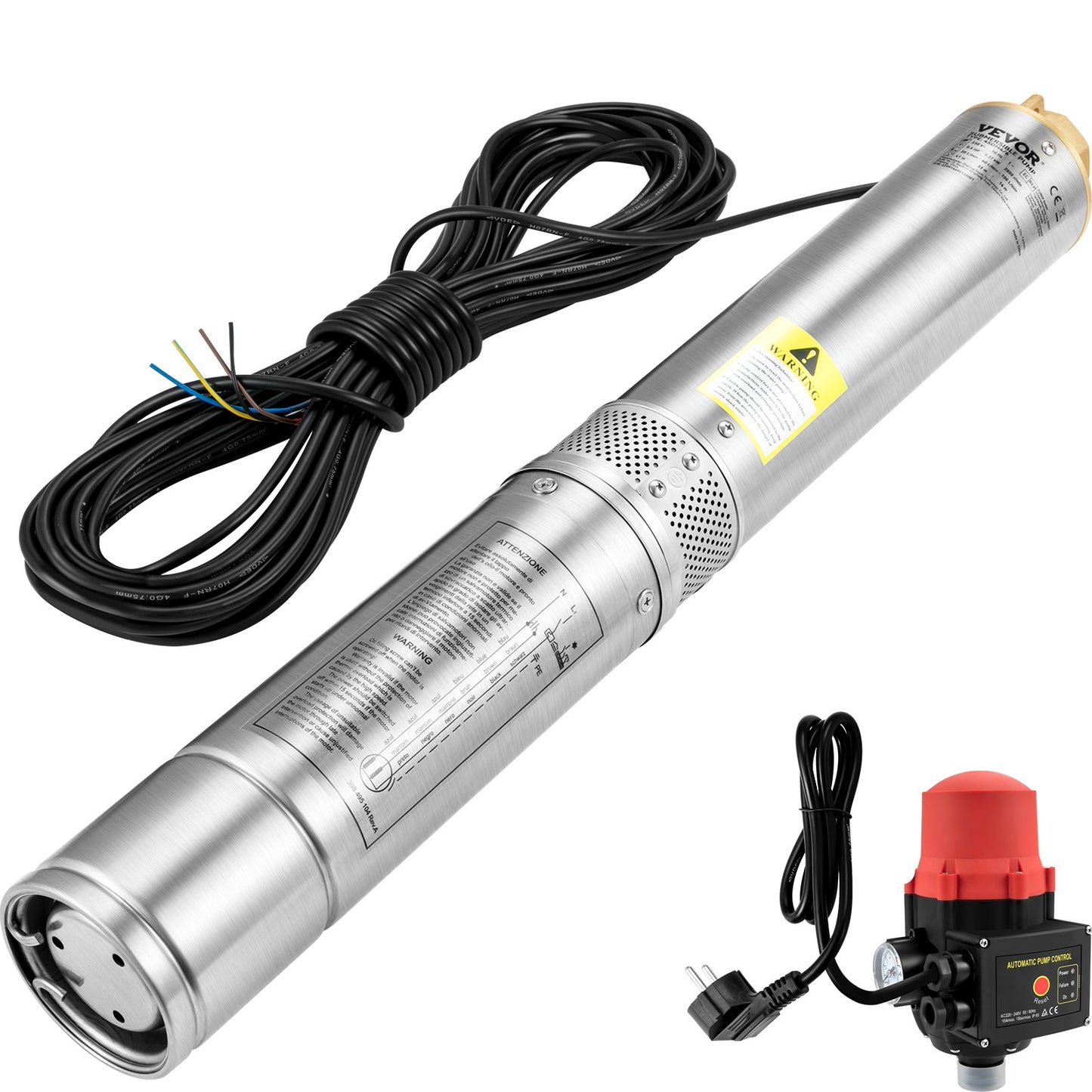 Deep Well Submersible Pump, 550W 230V/50Hz, 50L/min 89 m Head, 20 m Cord & Automatic Pressure Switch, 8.2 cm Stainless Steel Water Pumps for Industrial, Irrigation & Home Use, IP68 Waterproof