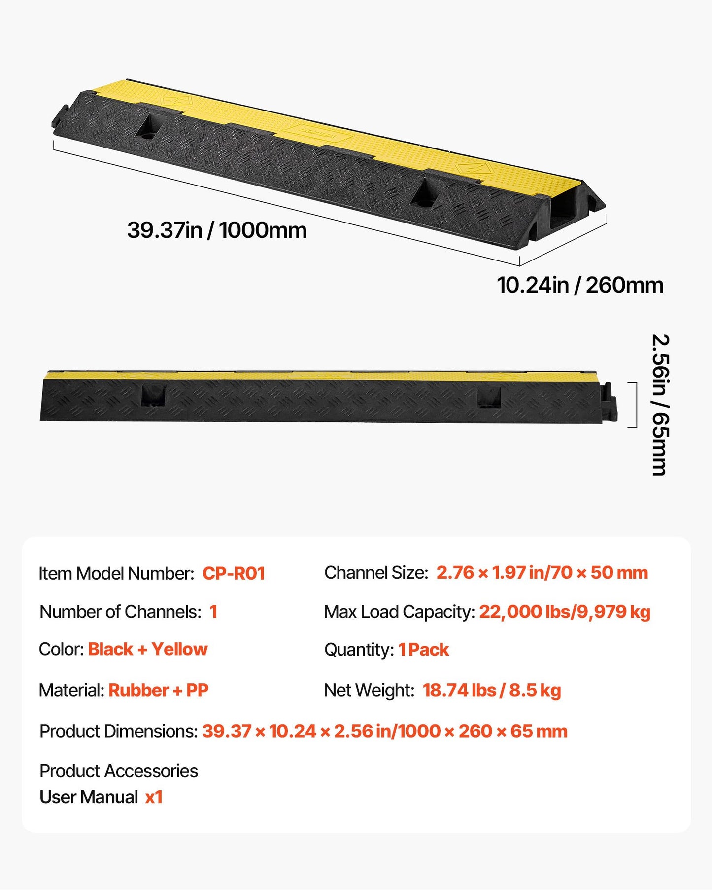 Cable Protector Ramp, 9,979 kg/axle Capacity, 1 Channel Heavy Duty Rubber Cord Hose Wire Cover, 70 x 50 mm Channel, Traffic Speed Bump with Flip-Open Top Cover, for Indoor Outdoor Use, 1 Pack