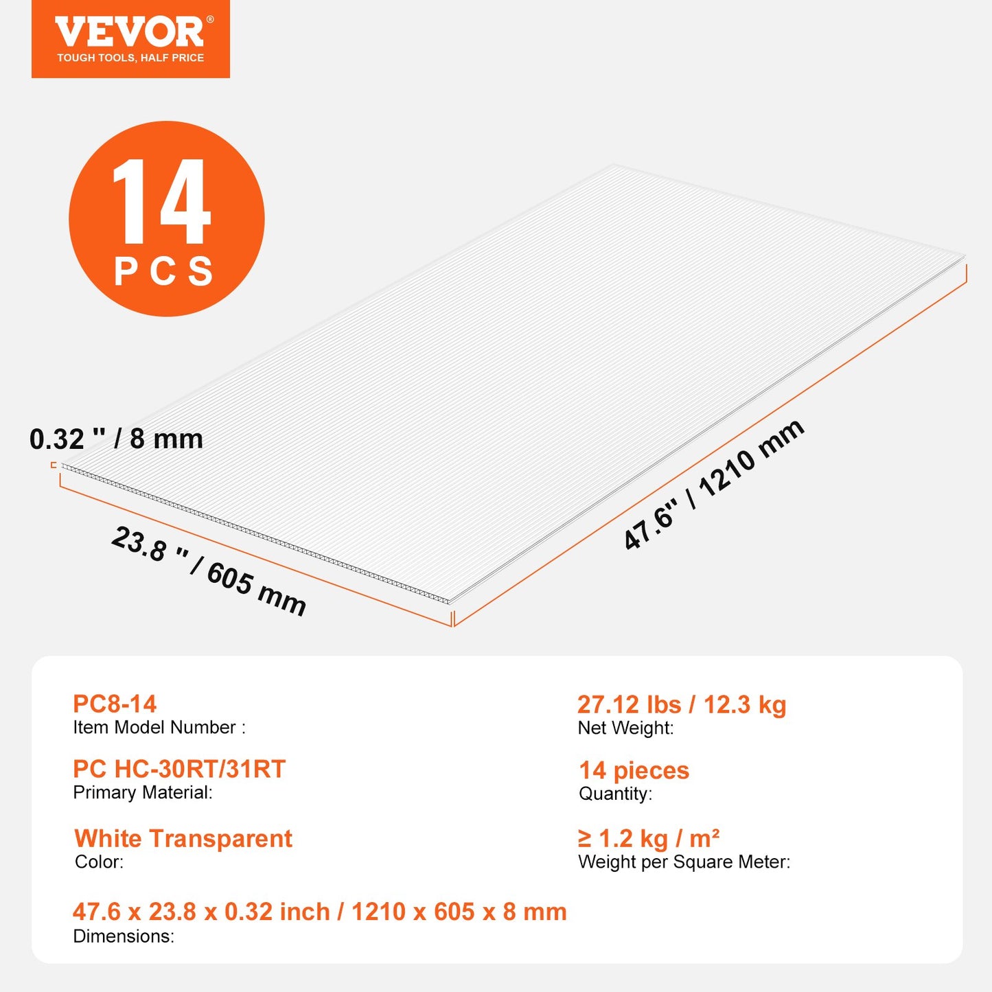 14 Pack Polycarbonate Greenhouse Panels, 2' X 4' X 0.32'' Roof Panels Sheets, Waterproof UV Protected Corrugated Plastic Roofing, Impact Resistance Clear Roofing Sheets for Greenhouse/Garden
