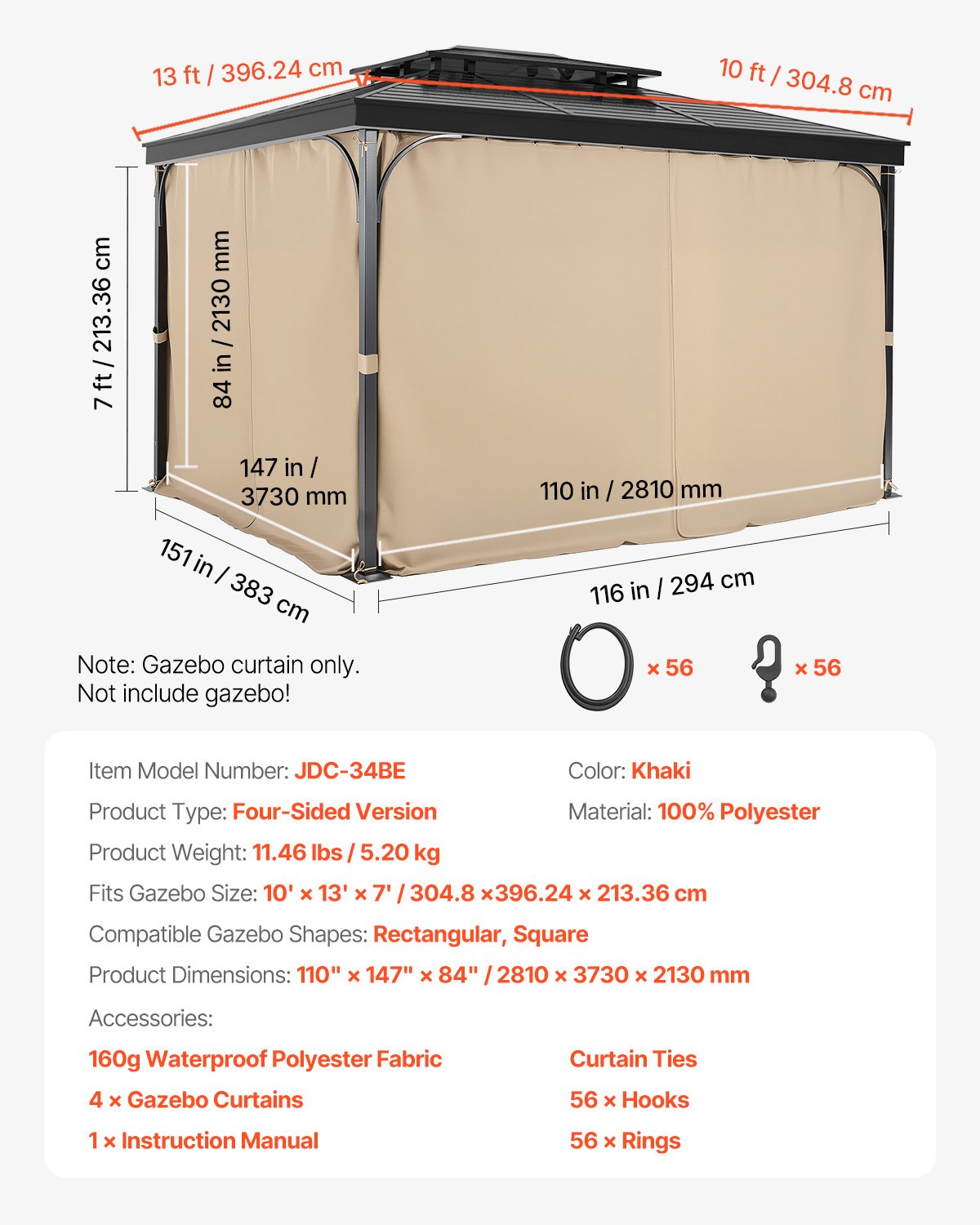 Gazebo Curtains Outdoor, 13' x 10' x 7' Gazebos, 4-Panel Sidewall Gazebo Privacy Curtains with Zippers, Outdoor Curtain Replacement for Patio Canopy, Only Curtain, Khaki
