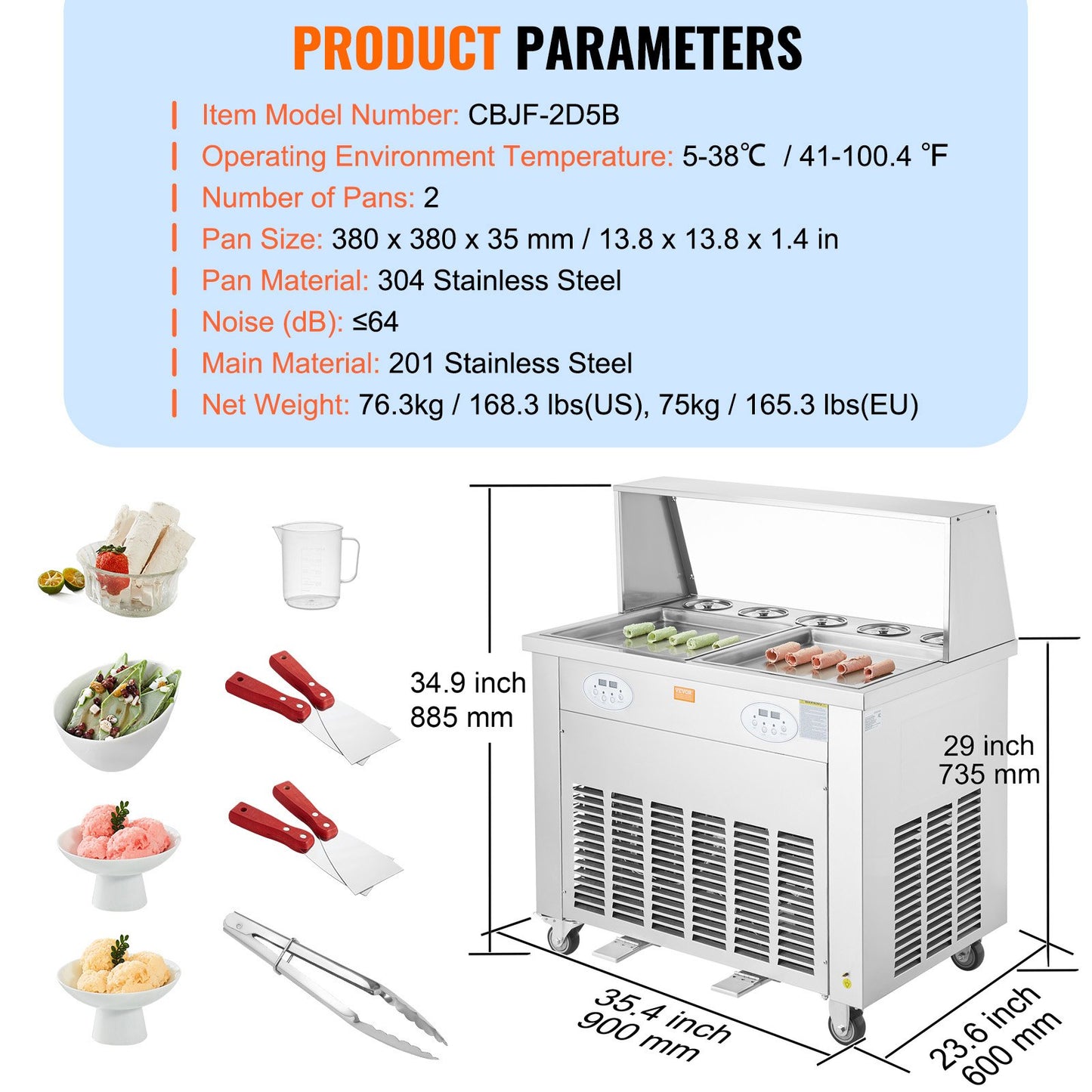 Fried Ice Cream Roll Machine, 2Pcs 13.8" x 13.8" Square Stir-Fried Ice Cream Pans, Stainless Steel Commercial Rolled Ice Cream Maker with Compressor and 4 Scrapers, for Ice Cream, Frozen Yogurt