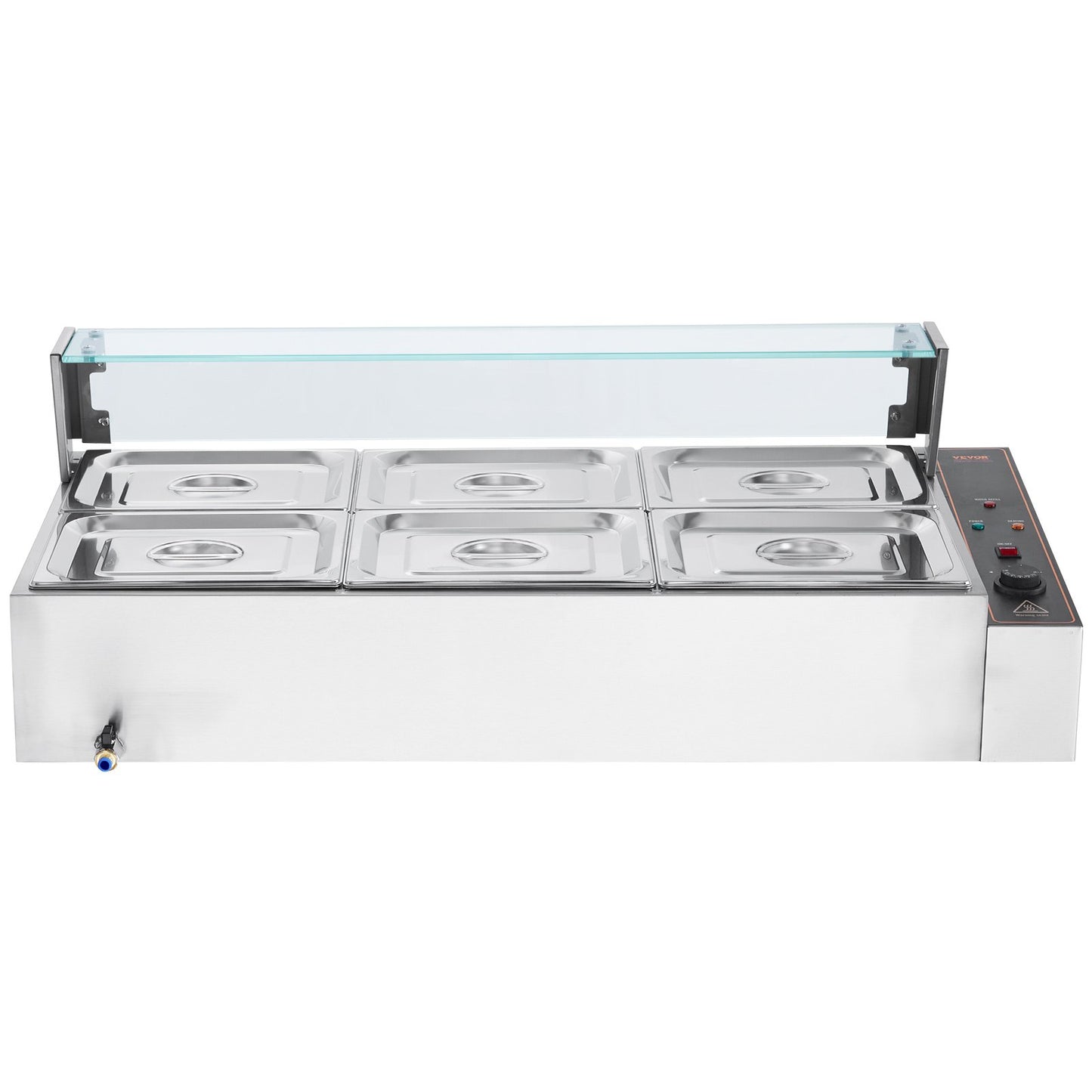 6-Pan Commercial Food Warmer, 6 x 8QT Electric Steam Table with Glass Cover, 1500W Countertop Stainless Steel Buffet Bain Marie 86-185°F Temp Control for Catering, Restaurants, Silver