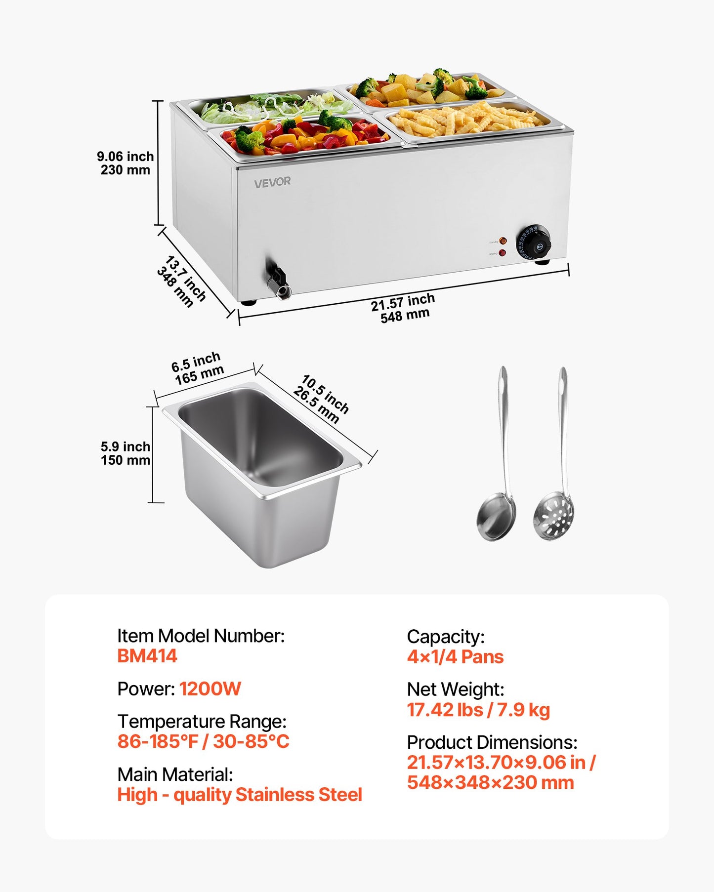 Kommersiell matvärmare, elektriskt ångbord med 4 pannor, 1200W professionell bänkskiva i rostfritt stål med buffévattenbad och temperaturkontroll på 30–85 °C för catering, bufféer, fester och restauranger.