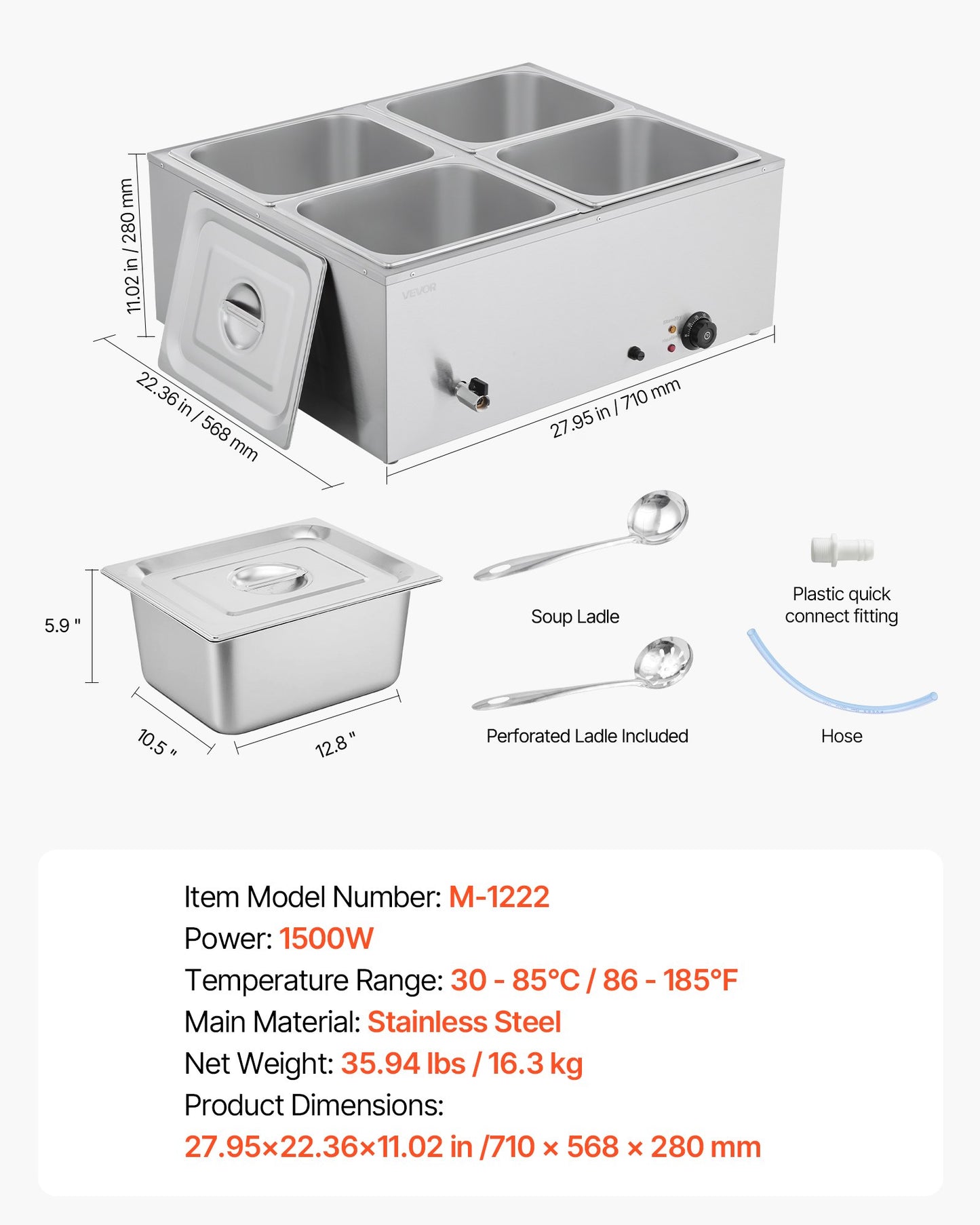 Commercial Food Warmer, 1500W Electric Stainless Steel Steam Food Warmer with Lid, 4-Pan Fast Heating Countertop Buffet Bain Marie with Soup & Perforated Ladles, for Catering, Restaurant, Party