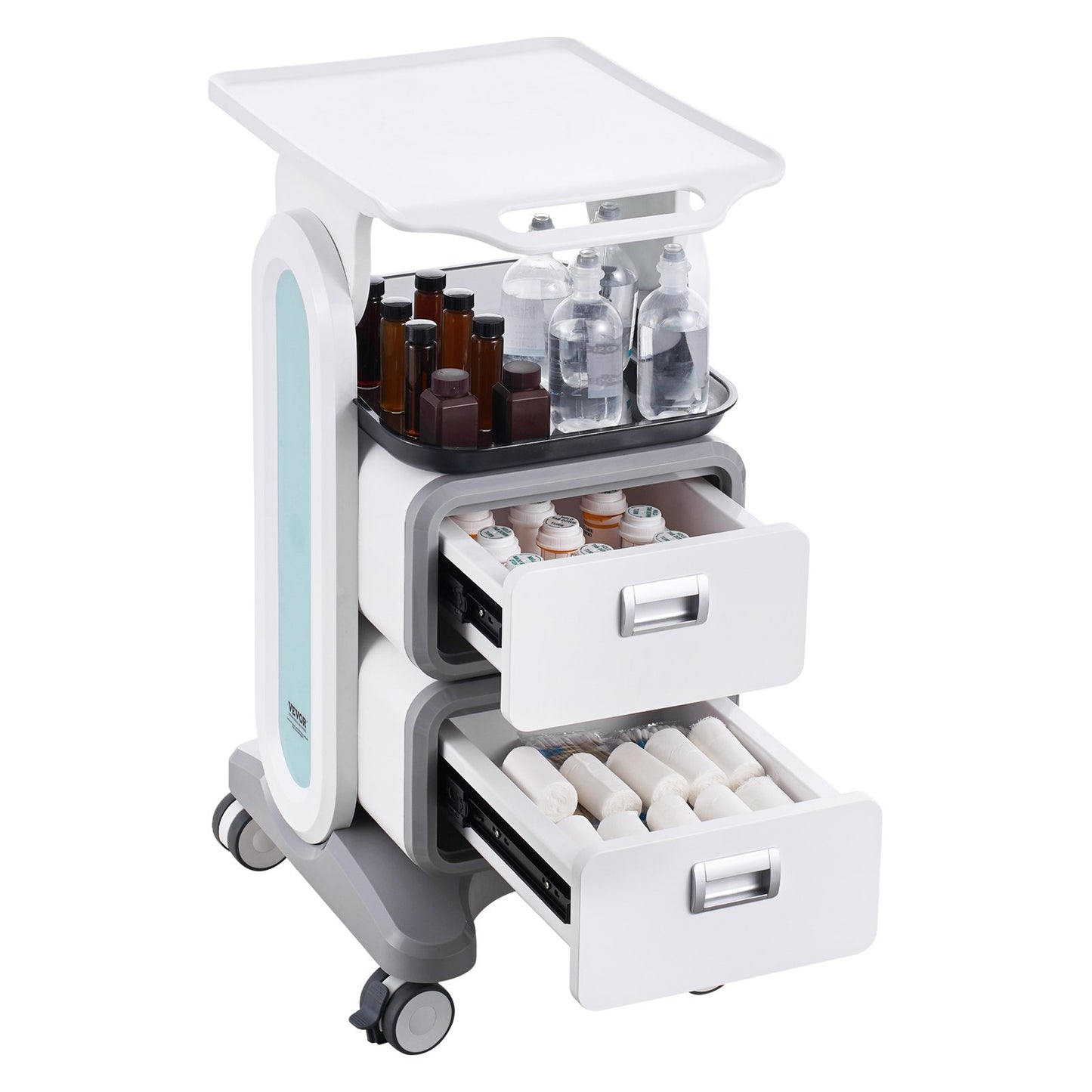 3 Tiers Lab Carts, Lab Utility Cart with 2 Drawers & 1 Top Tray, Mobile Medical Cart with ABS Material, Lab Rolling Cart with 4 Silent Wheels for Lab, Clinic, Hospital, Salon, White