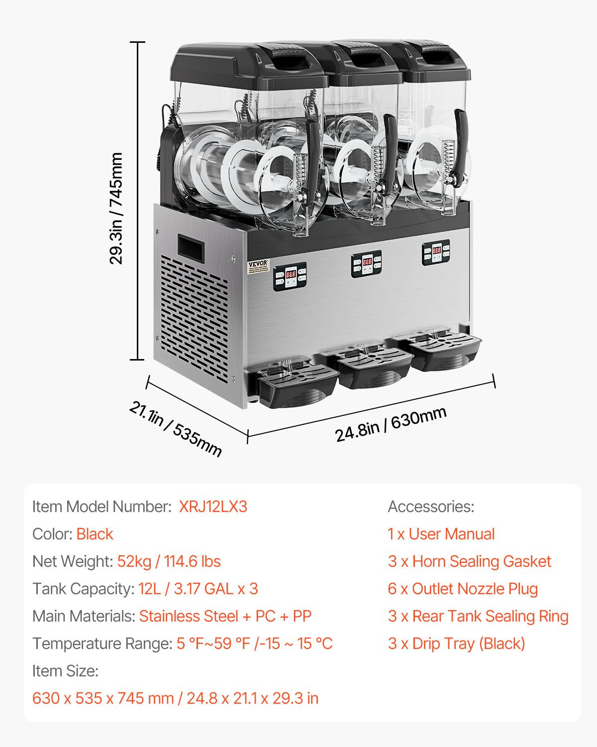 Commercial Slushy Machine, 12Lx3 Triple Tank Frozen Drink Machine, 144 Cups Stainless Steel Margarita Smoothie Frozen Drink Maker, Slushie Maker for Home Party Restaurants Cafe Bars