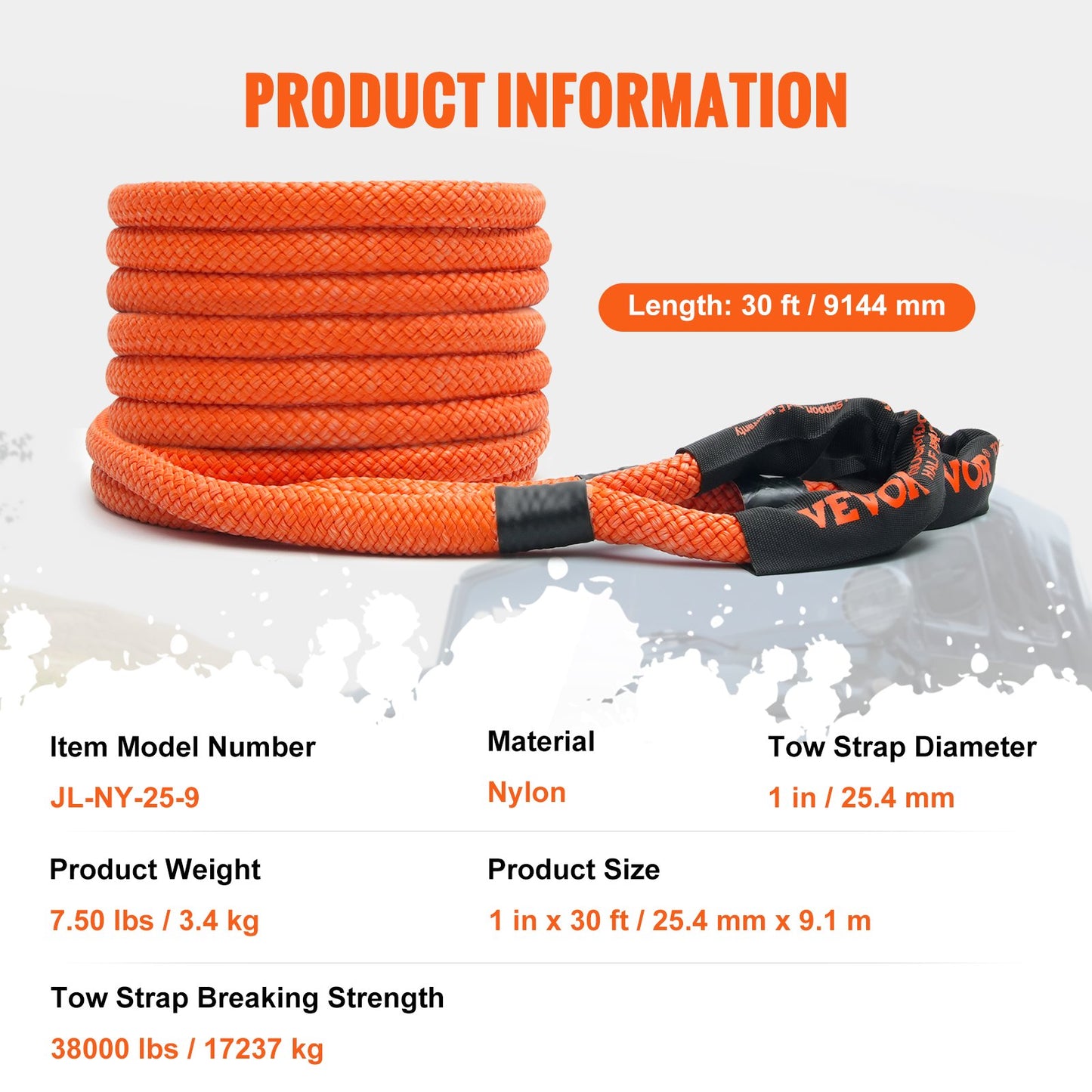 1" (2.54 cm) x 30'/9.1 m Kinetic Recovery Tow Rope 38,000 lbs/17,237.5 kg, Heavy-Duty Off Road Snatch Strap, Extreme Duty 30% Elasticity Energy Snatch Strap for Jeep Car Truck ATV UTV SUV Tractor