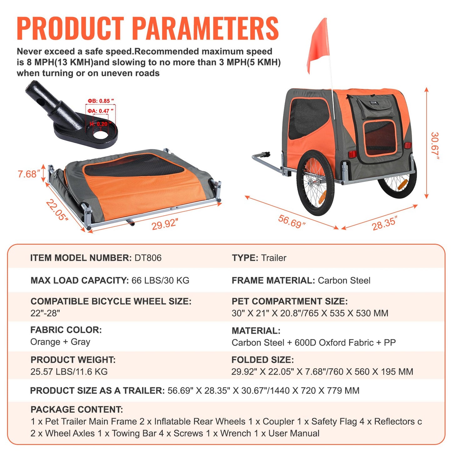 Dog Bike Trailer, Supports up to 66 lbs, Pet Cart Bicycle Carrier, Easy Folding Frame with Quick Release Wheels, Universal Bicycle Coupler, Reflectors, Flag, Collapsible to Store, Orange/Gray