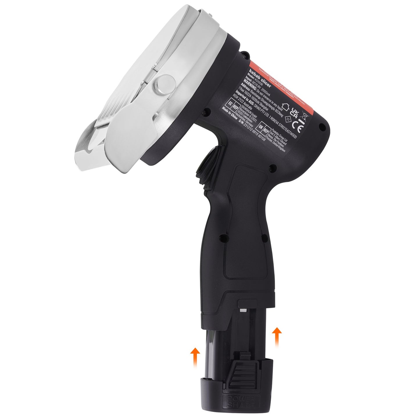 Elektrisk Shawarma-kniv, 80W sladdlös batteridriven professionell turkisk kniv, kommersiell gyroskärare i rostfritt stål, dönerkebabköttskärare med 2 blad, Φ4"/100mm, 0-8mm justerbar tjocklek