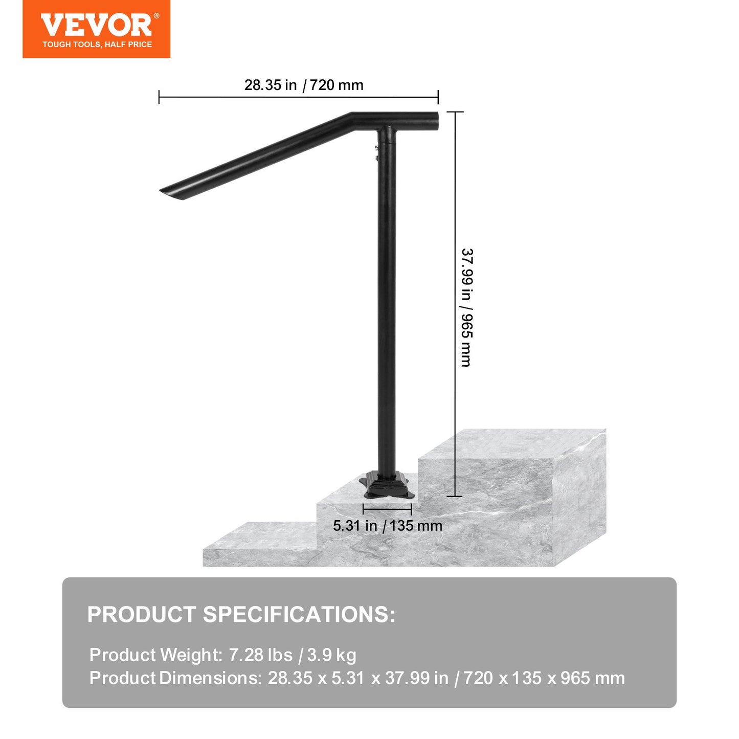 Handrail, 1-3 Step Black Steel Railing for Steps 330LBS Capacity Stair Handrail Baking Varnish Metal Handrail for Stairs Stylish Handrails for Outdoor Steps with Expansion Bolts & Drill Bit