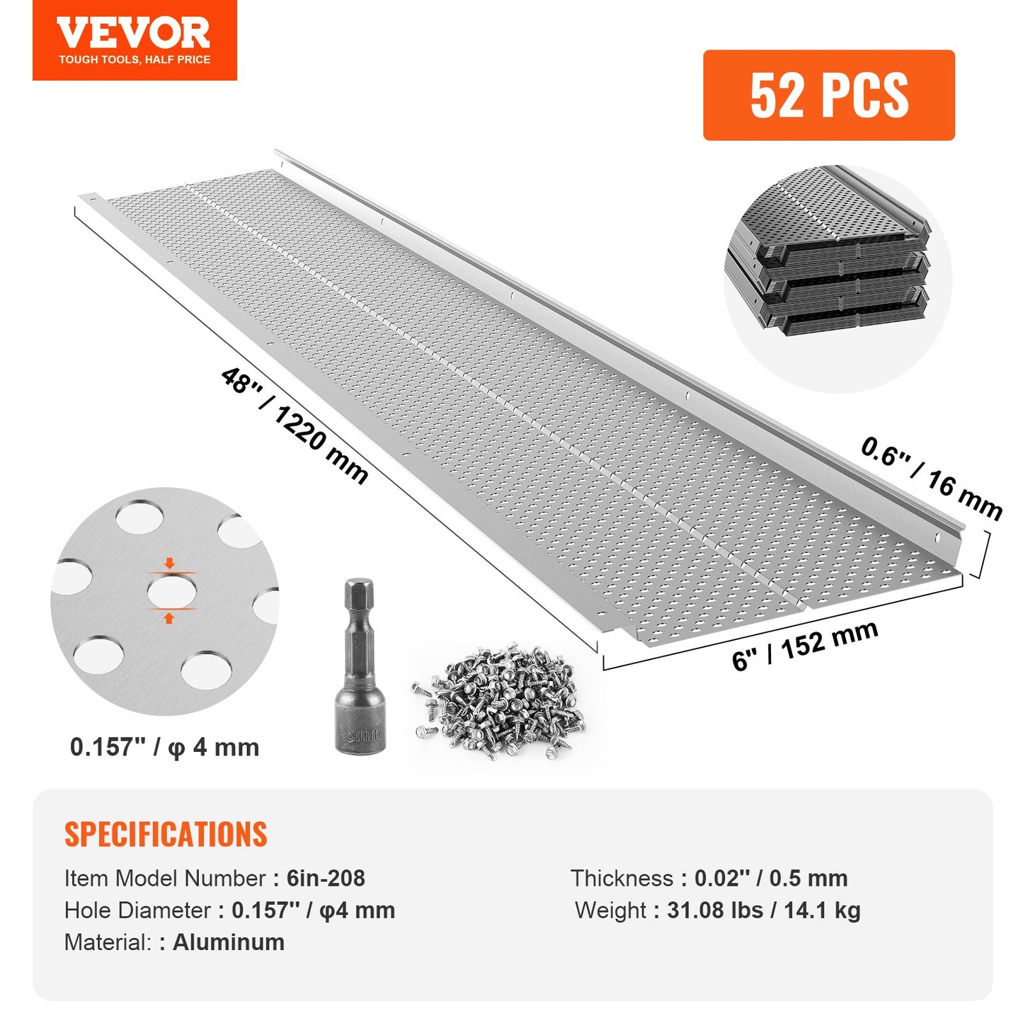Gutter Guard, 152mm Width, Aluminum Leaf Filter DIY Gutter Cover, 52 PCS 528cm Total Length, 4mm Hole Diameter & 0.5mm Thick Raptor Gutter Guards Fits Any Roof or Gutter Type