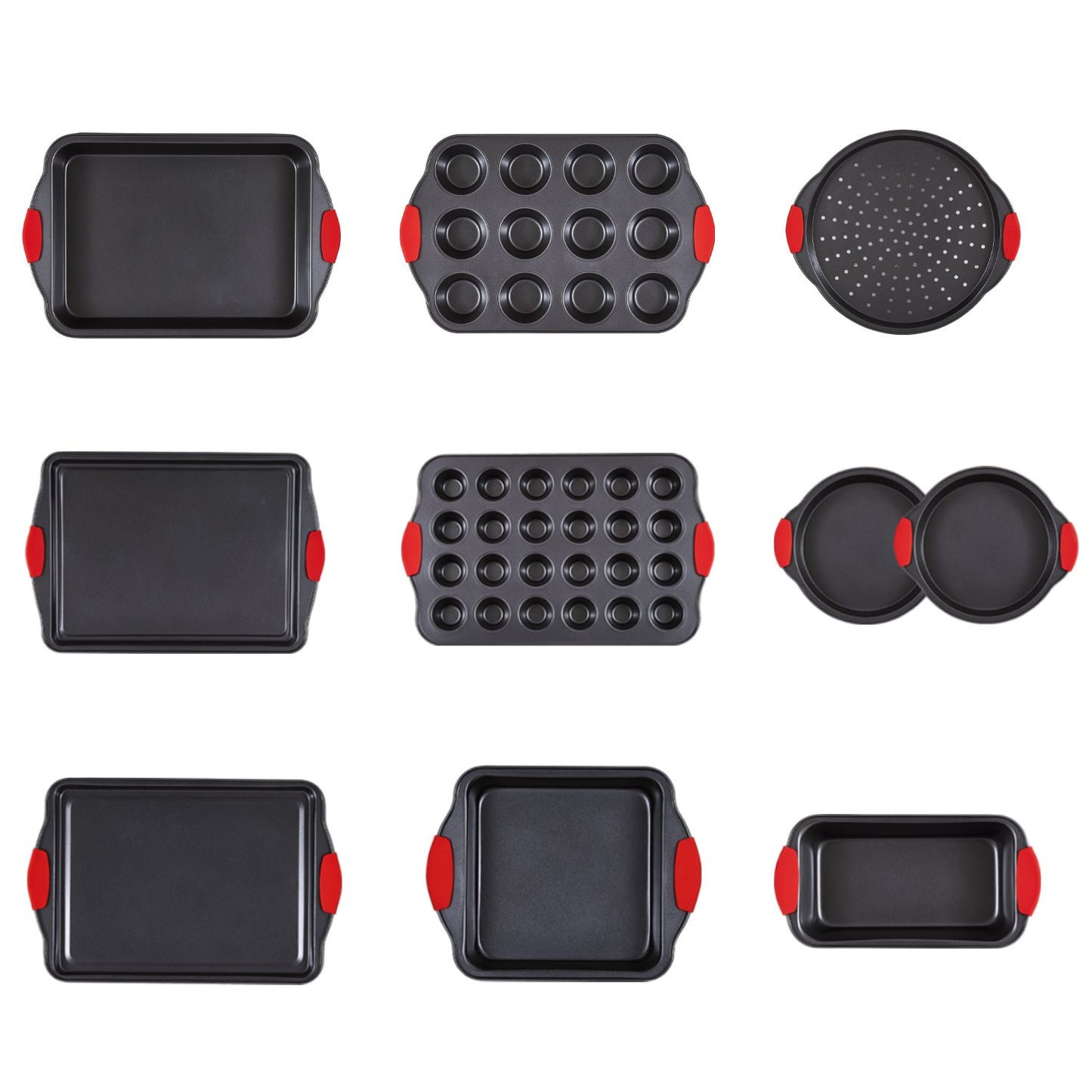 Bakformsset, 10-delars, nonstick-beläggning med kokkärl och brickor i kolstål, stapelbara bakformsset för köksugn med silikonhandtag, lätt att rengöra, för bakning av kakor, tårtor, muffins, bröd