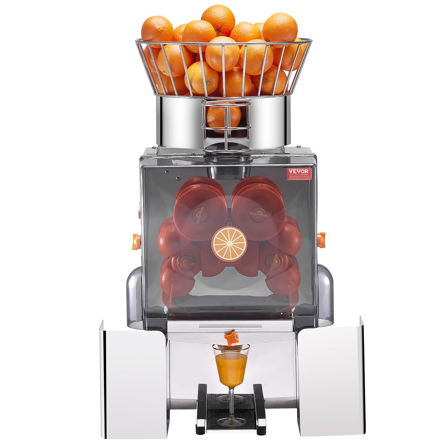 Commercial Orange Juicer Machine, 120W Automatic Feeding Juice Extractor, Stainless Steel Juice Extractor for 25 Oranges Per Minute, with Pull-Out Filter Box, PC Cover, 2 Peel Collecting Buckets