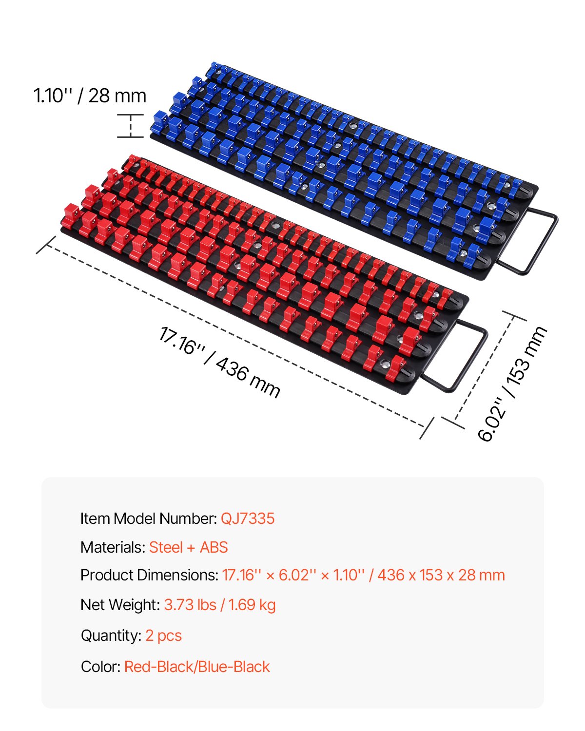 Bärbar hylshylsorganiseringssats, 2 delar metriska och SAE-hylshylsorganiseringsset för upp till 160 hylsor, 1/4", 3/8" och 1/2" kraftig hylshylsskena med handtag och stålbas för verktygslådan