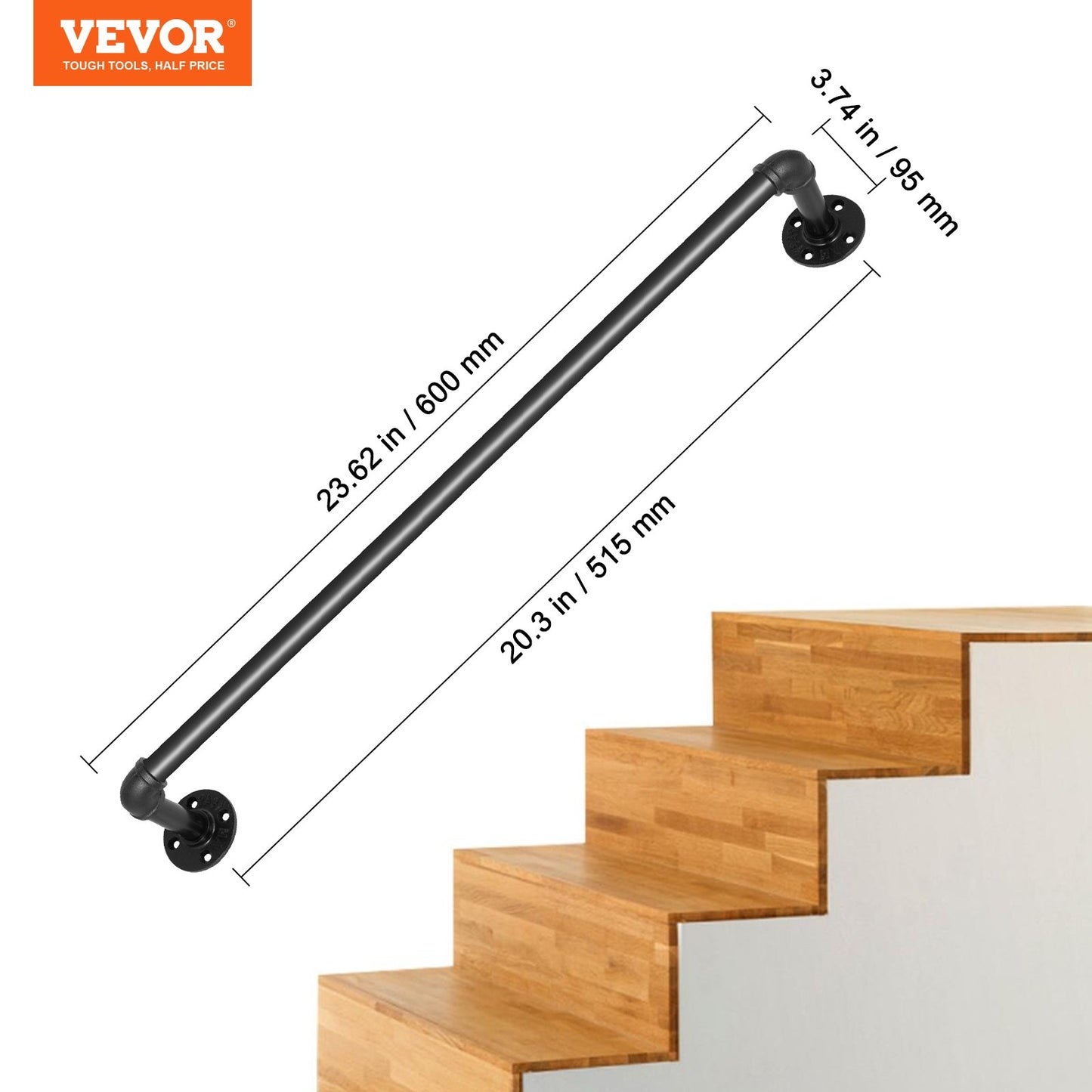 Pipe Stair Handrail Staircase Handrail 61 cm Carbon Steel for Wall Mount
