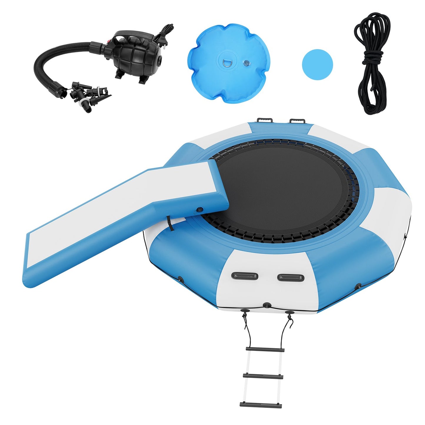 Uppblåsbar vattenstudsare, 10 fot rekreationsvattentrampolin, bärbar studsplattform med rutschkana, 3-stegsstege och elektrisk luftpump, flytande rebounder för barn och vuxna för pool, sjövattensporter