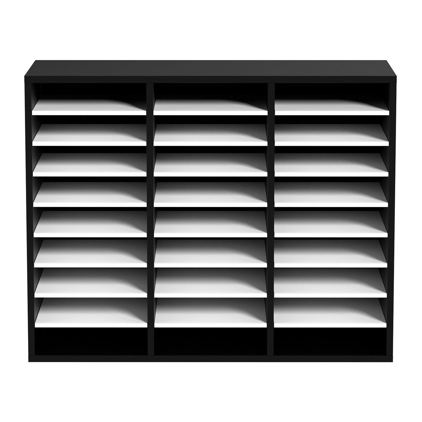 27 fack i trälitteratur, justerbara hyllor, postcentral i medeltät fiberskiva, förvaring för kontor, dokument, papper, tidskrifter, svart+vit