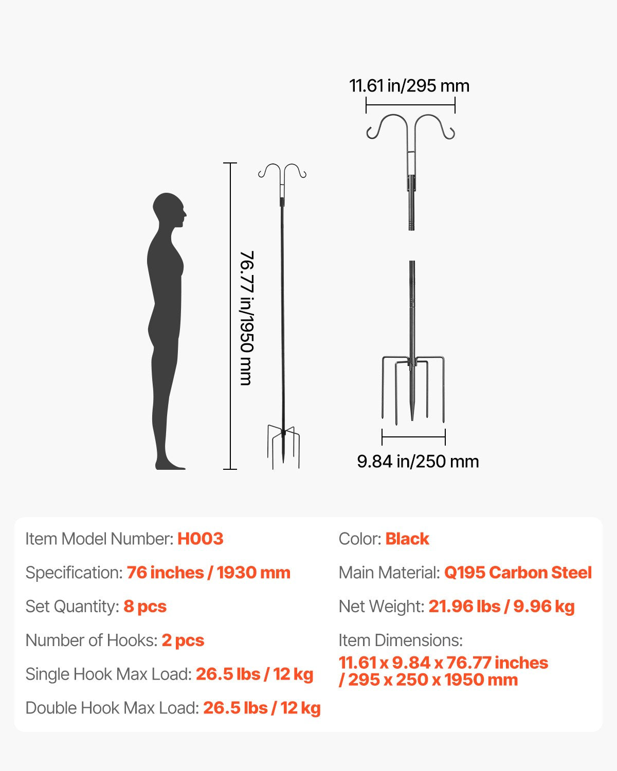 Dubbla Shepherds-krokar för utomhusbruk, 8-pack 1950 mm kraftig fågelmatarstång, 19 mm tjocka trädgårdskrokar för att hänga upp kolibrimatare, växtkorgar, solcellslyktor, vindspel