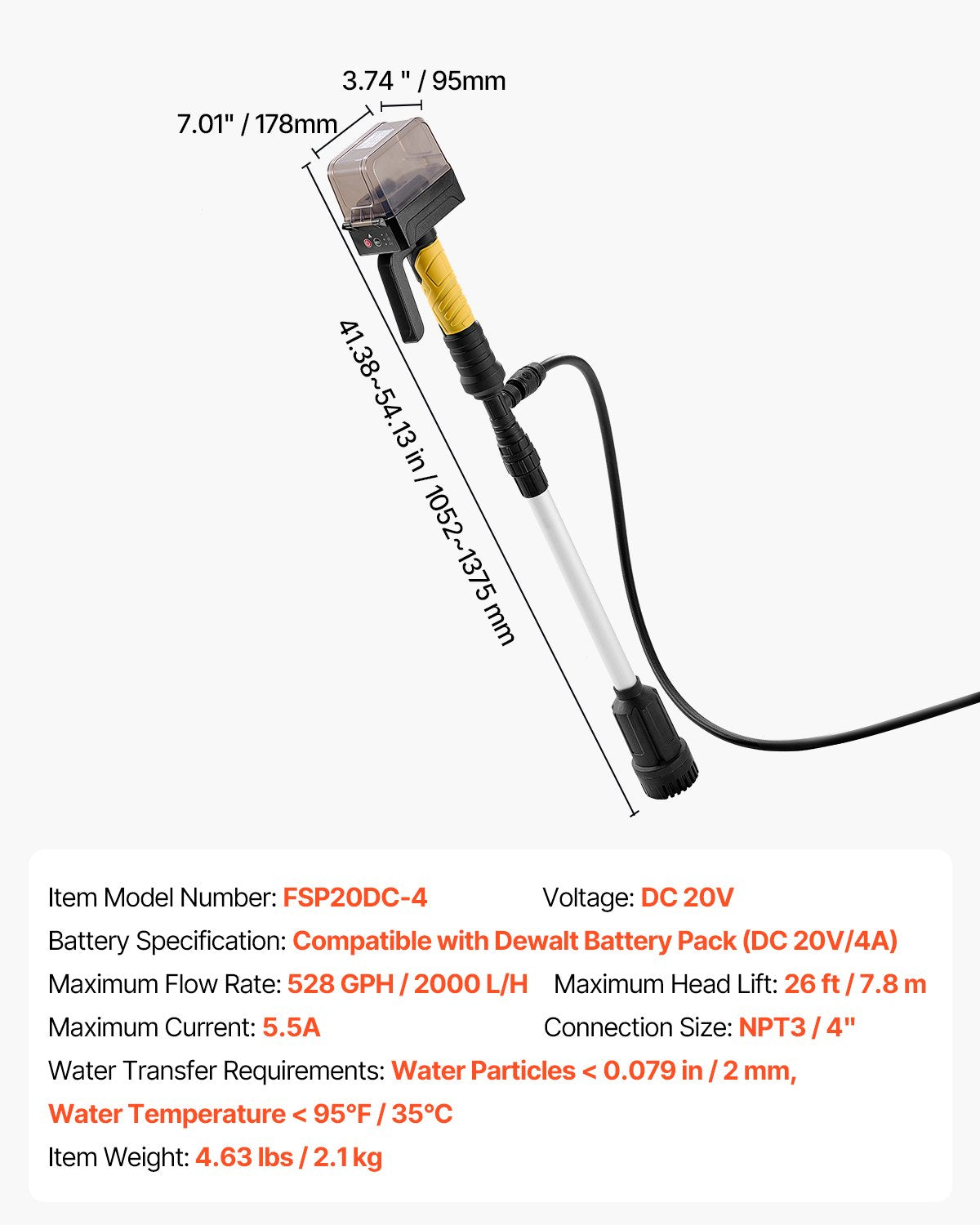 Sladdlös vattenpump, 33 l/min (528 gph), bärbar dränkbar pump med NPT3/4" trädgårdsslang, kompatibel med Dewalt 20V MAX-batteri (utan batteri), elektrisk stångpump för pool, trädgård, damm