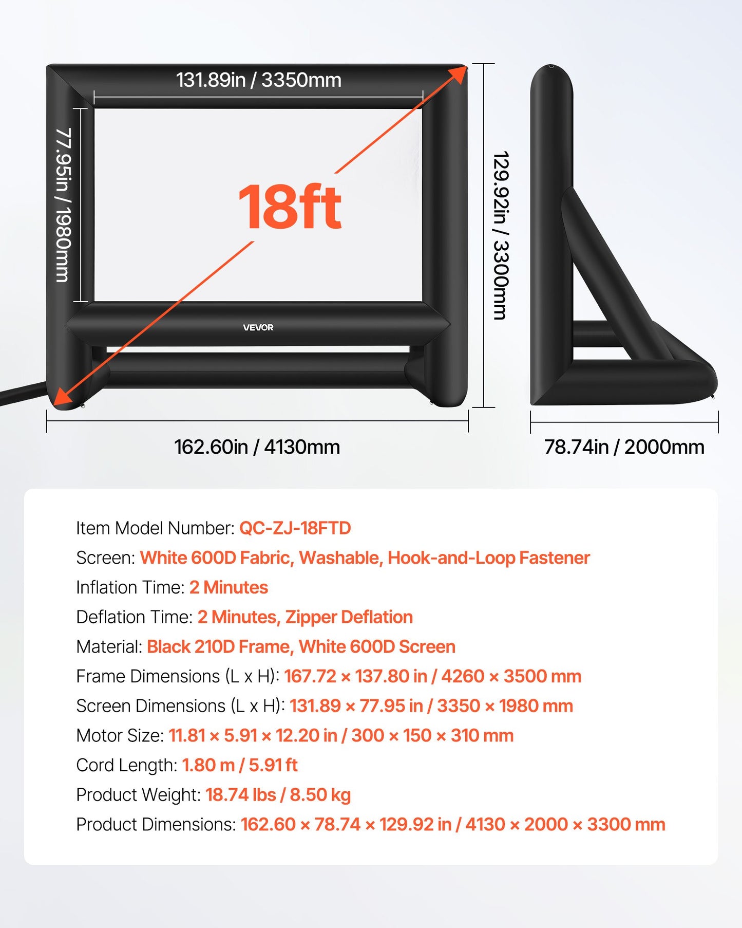 5,5 meter uppblåsbar filmduk, tvättbar 600D uppblåsbar projektorduk med bärbar förvaringsväska, 16:9 enkel att installera filmprojektion för utomhusbruk, hemmabio, temafest, poolkul