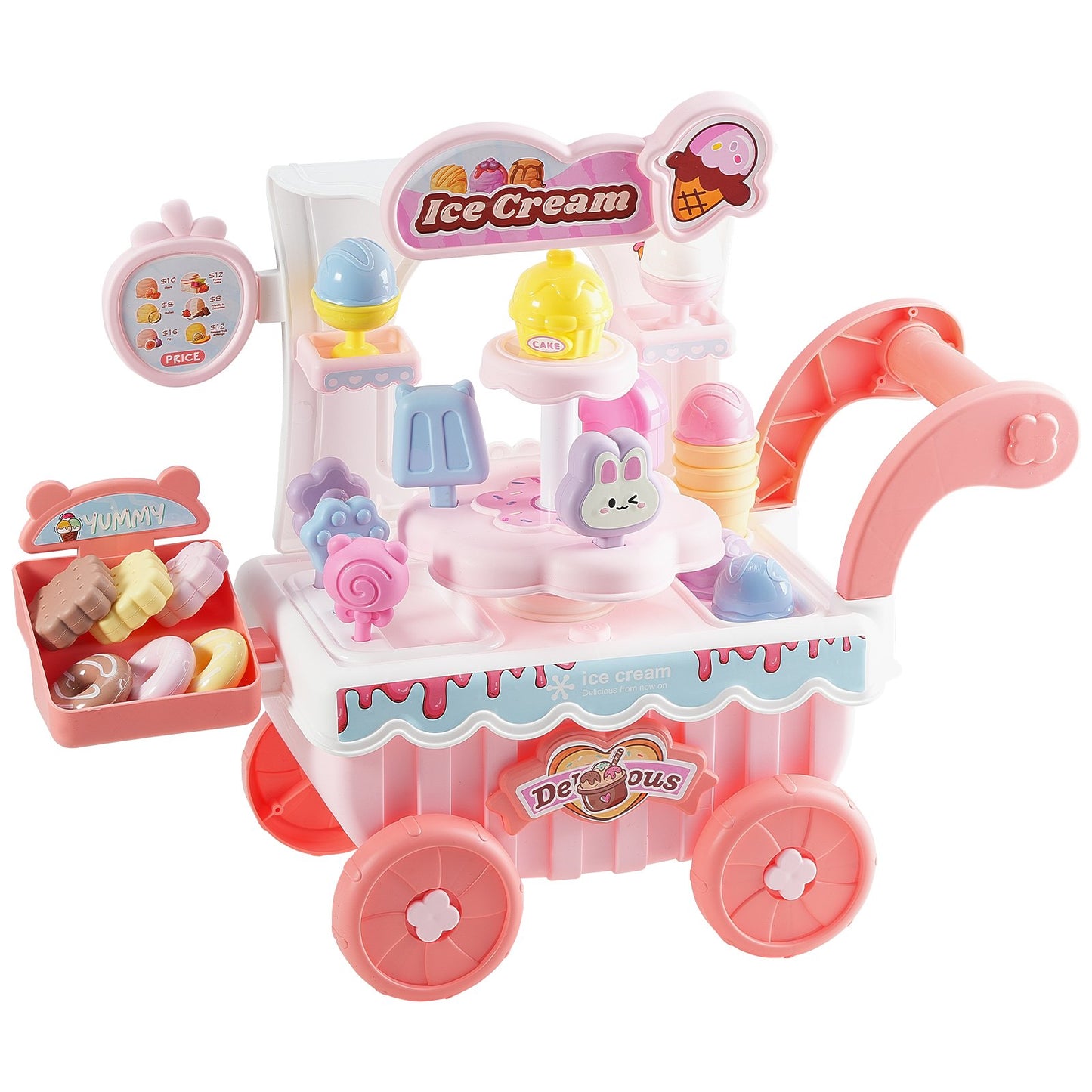 Ice Cream Cart for Kids, 27 PCS Accessories, Pretend Play Store with Storage Trolley with Pretend Money, Sound & Light Effects, Montessori Educational Ice Cream Truck Toys for Toddlers 3+ (Pink)