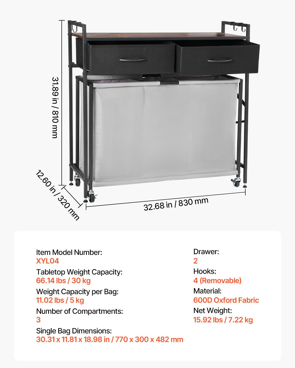 3-delad tvättkorg, rullande tvättkorg med 2 lådor, krokar och hjul, rullande korgorganisatör med utdragbara rullväskor och träbordsskiva för smutsiga kläder, badrum