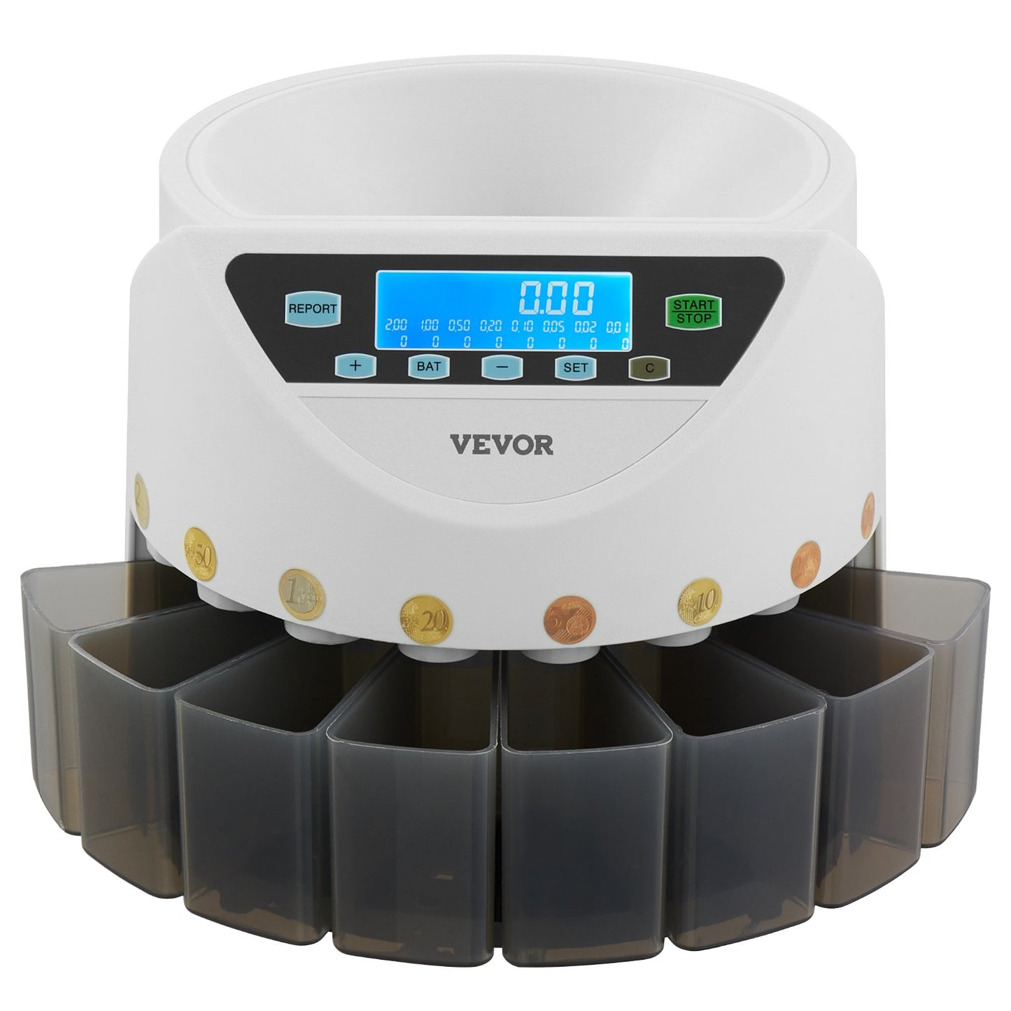 EURO Coin Sorter, Coin Counter Machine for 8 Kinds of Euro Coins, Coin Sorter and Wrapper Machine Holds up to 850 Coins, Large LCD Display Coin Storage Included 5 Coin Tubes and Boxes