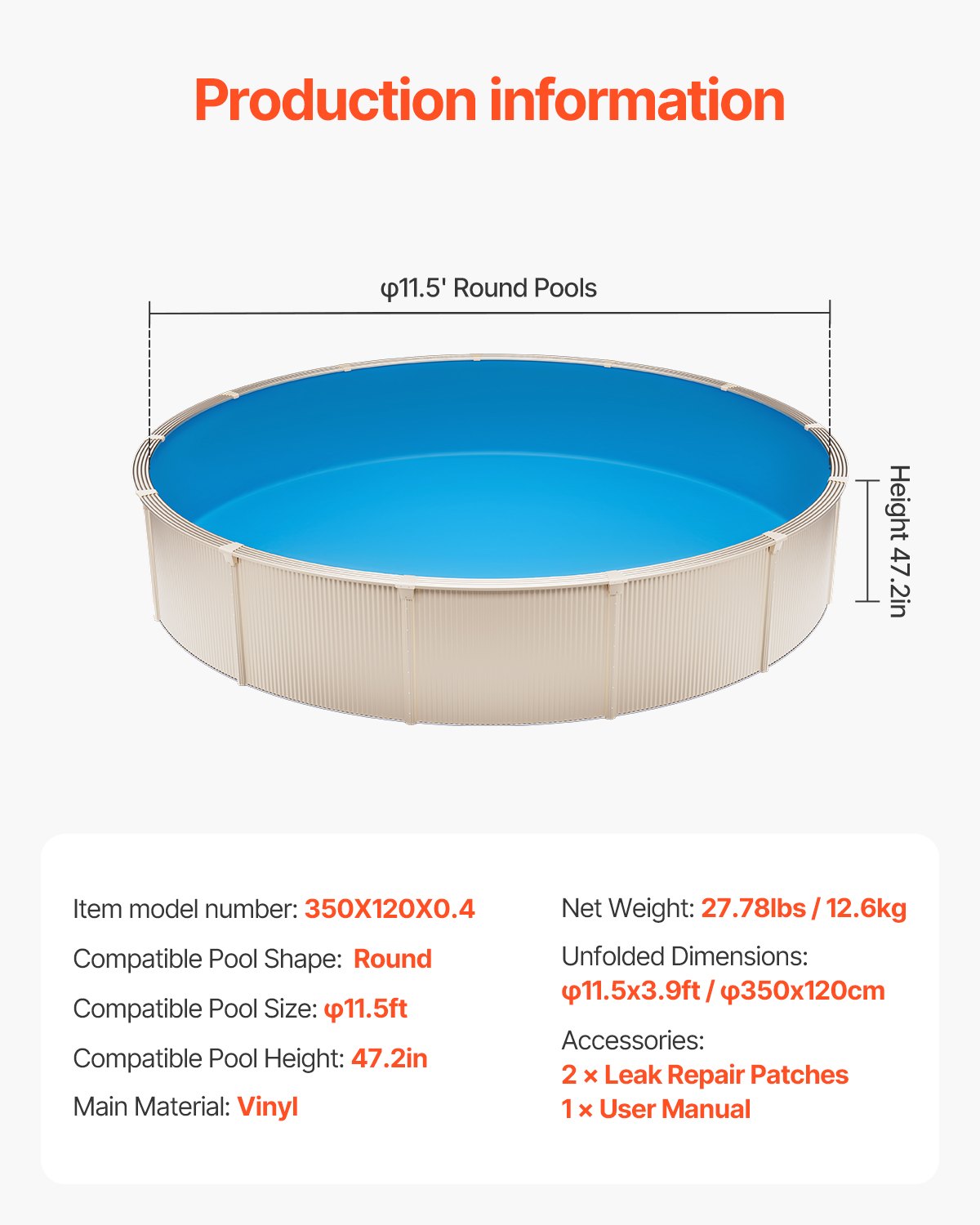 Pool Liner, 11.5ft Round Pool Liner, Uinbead Style, Durable Vinyl Pool Liner, Standard Gauge, 47in Wall Height, Pool Liner Replacement for Steel Sided Above-Ground Swimming Pools, Solid Color