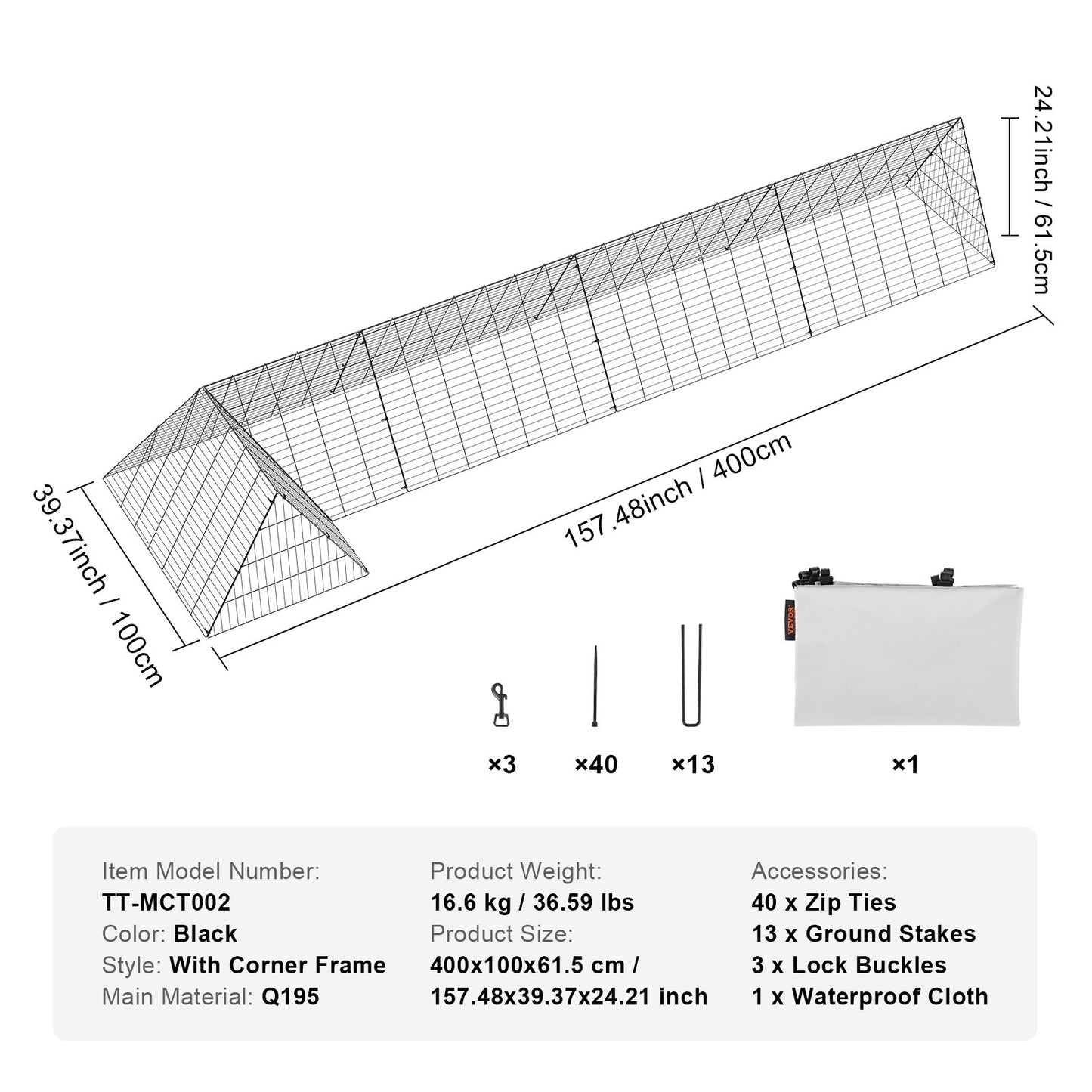 Hönsgårdstunnlar, 157,5 x 39,4 x 24,2 tum (LxBxH) Hönsgårdstunnlar för gården, Bärbara hönsgårdstunnlar för utomhusbruk med hörnramar, Hönshus, Lämplig för höns, ankor, kaniner