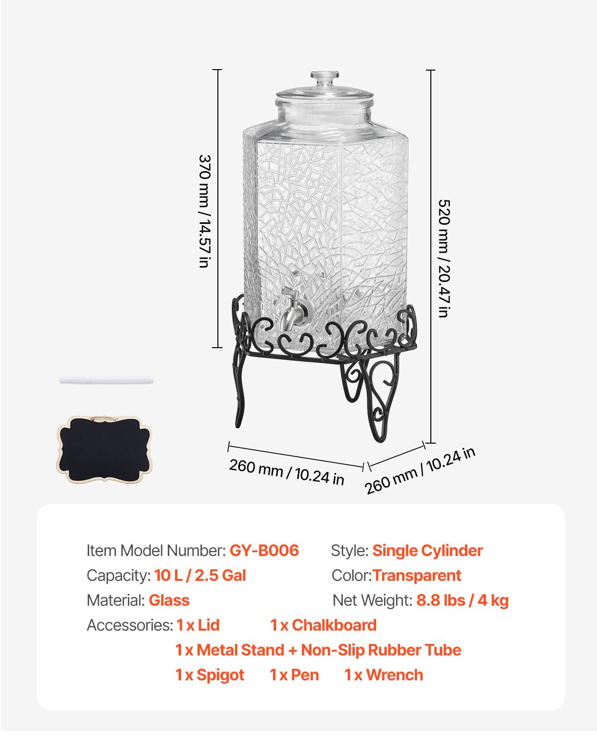 Beverage Dispenser, 10L Drink Dispensers for Parties, Glass Juice Dispenser with Metal Stand, Stainless Steel Spigot, Iced Tea Lemonade Juice Water Dispensers for Parties