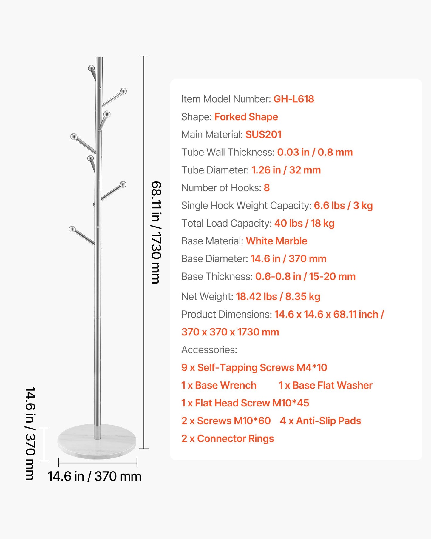 Klädhängare, fristående klädhängare med stabil marmorbas och 8 krokar, fristående hallklädhängare för entré, sovrum, kontor, vardagsrum, modern klädhängare för rockar, hattar, väskor