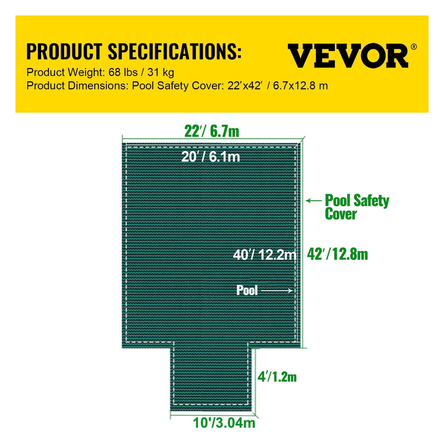 Pool Safety Cover Fits 20x40ft Rectangle Inground Pools, Safety Pool Cover with 4x10ft Center End Step, Mesh Solid Pool Cover with Drainage Holes for Swimming Pool, Winter Safety Cover, Green