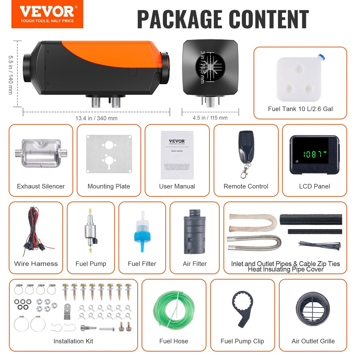 Dieselluftvärmare, 12 och 24V 2KW dieselvärmare med fjärrkontroll och LCD-display, 10L bränsletank dieselparkeringsvärmare, snabb uppvärmning för husbil, släpvagn, husbil, båt