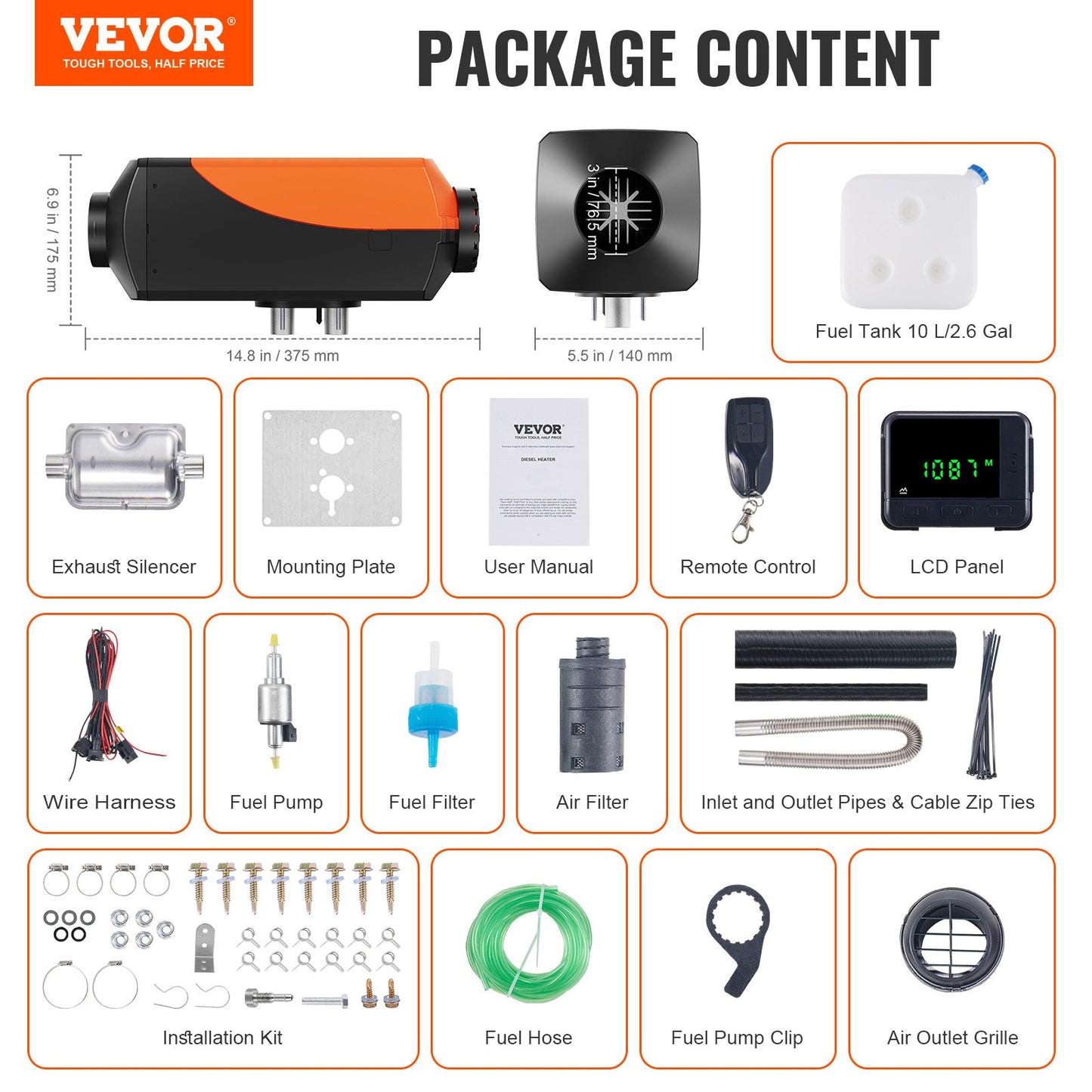 Dieselluftvärmare 12V 5KW LCD-skärm fjärrkontroll för bil, buss, husbil