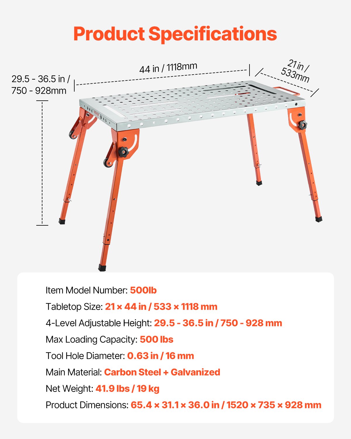 Foldable Welding Table 44" x 21", 500LBS Capacity Welding Workbench with 4-Level Adjustable Height, Carbon Steel Work Bench with 6 Tool Slots & 0.63" Fixture Holes for Welding Assembly Repair