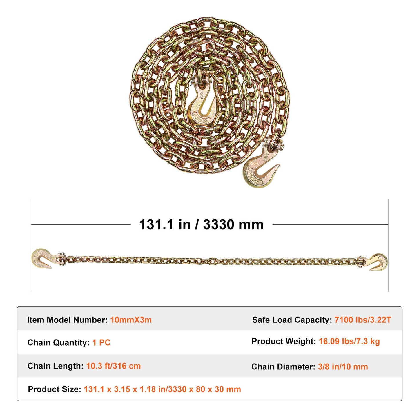 G80 Transport Binder Chain, 3/8" x 10.3' Tow Chain with Clevis Grab Hooks, 7100 lbs Safe Working Load, Heavy Duty Trailer Logging Chain for Transporting Towing Truck Tie Down Binding Equipment