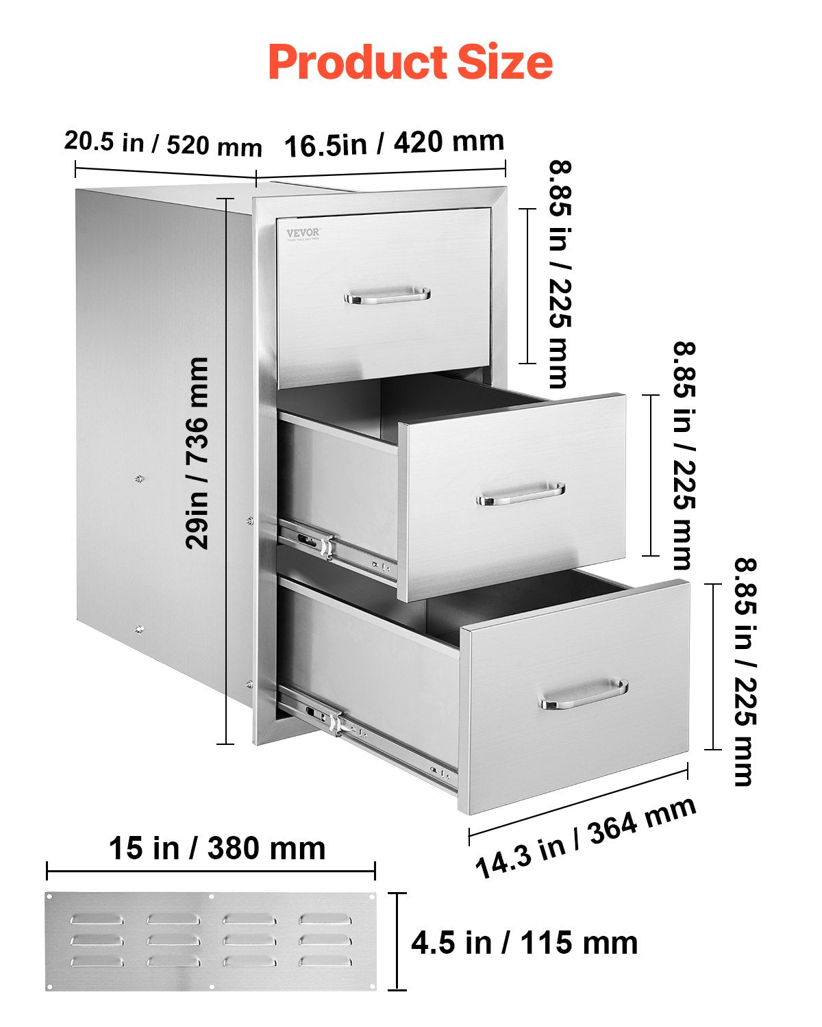 Outdoor Kitchen Drawers, 16.5"W x 29"H x 20.5"D Triple Access Drawers, Stainless Steel Flush Mount Cabinets, BBQ Island Drawers Storage with Paper Towel Holder & Handle, for Patio Grill Station