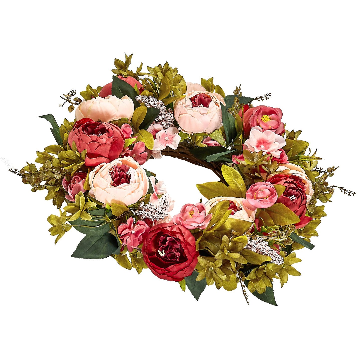 Artificial Decorative Wreath, 19 in, Pink, Decorated with Peonies, Hydrangeas, Babysbreath, Year Round Wreath for All Seasons Indoor and Outdoor Home Wall Window Festival Wedding Decorations