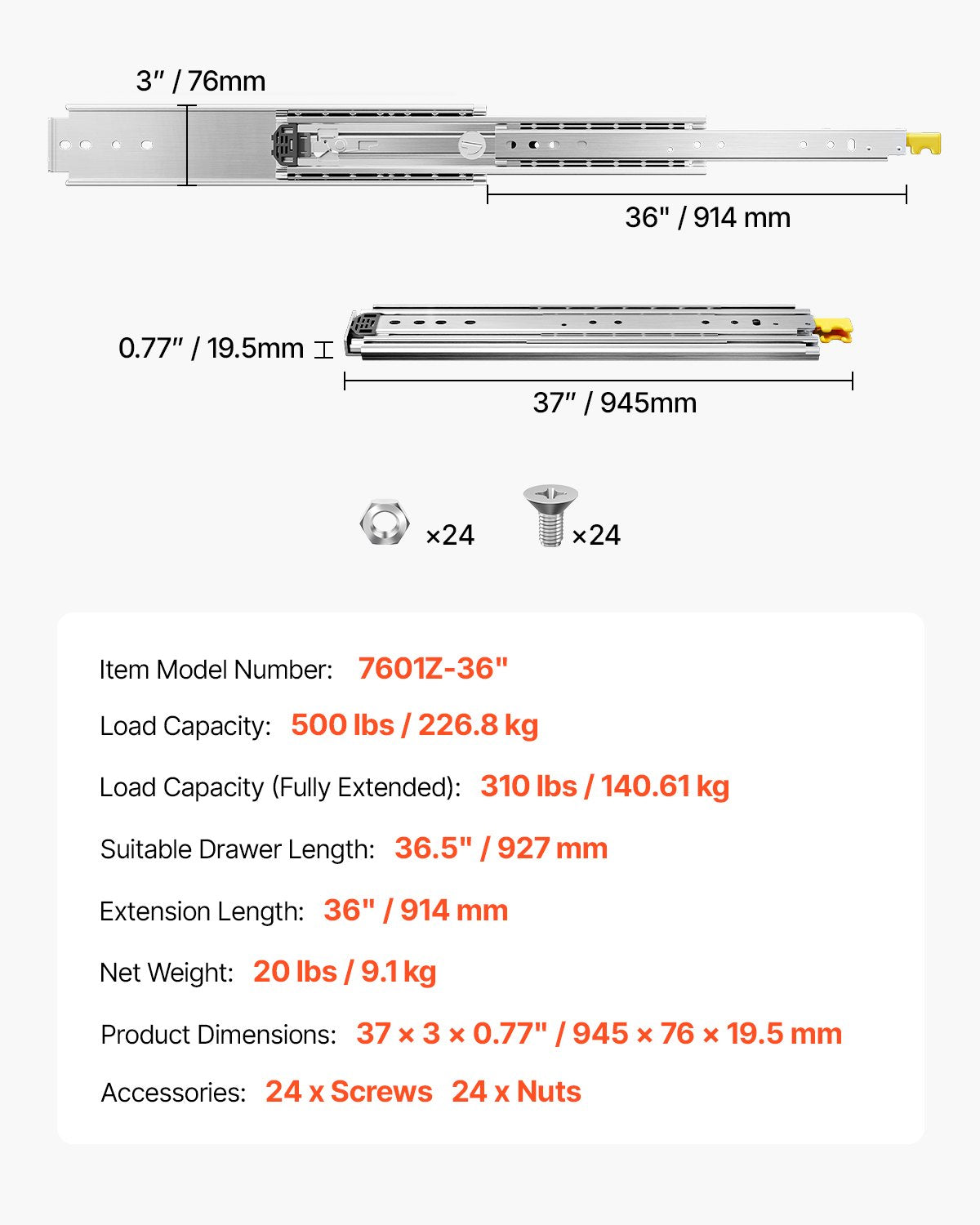 1 Pair Full Extension Drawer Slides 18 20 22 28 30 32 36 38 40 44 48 52 56 60 in, 500 lbs Load Capacity Locking Drawer Slides, Ball Bearing with Lock Side Mount Drawer Slide Rail