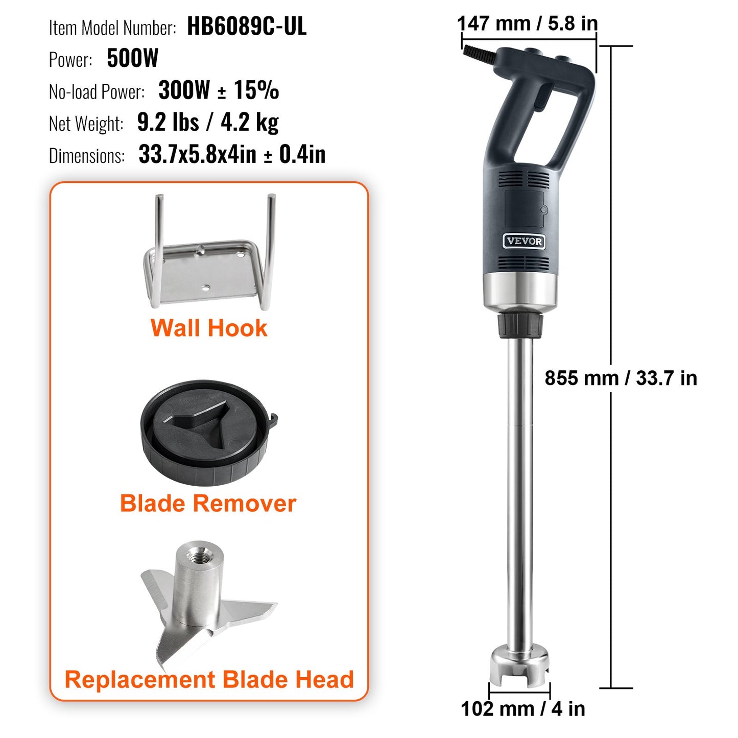 Commercial Immersion Blender, 500 Watt Heavy Duty Hand Mixer, Variable Speed Kitchen Stick Mixer with 304 Stainless Steel Blade, Multi-Purpose Portable Mixer for Soup, Smoothie, Puree, Baby Food