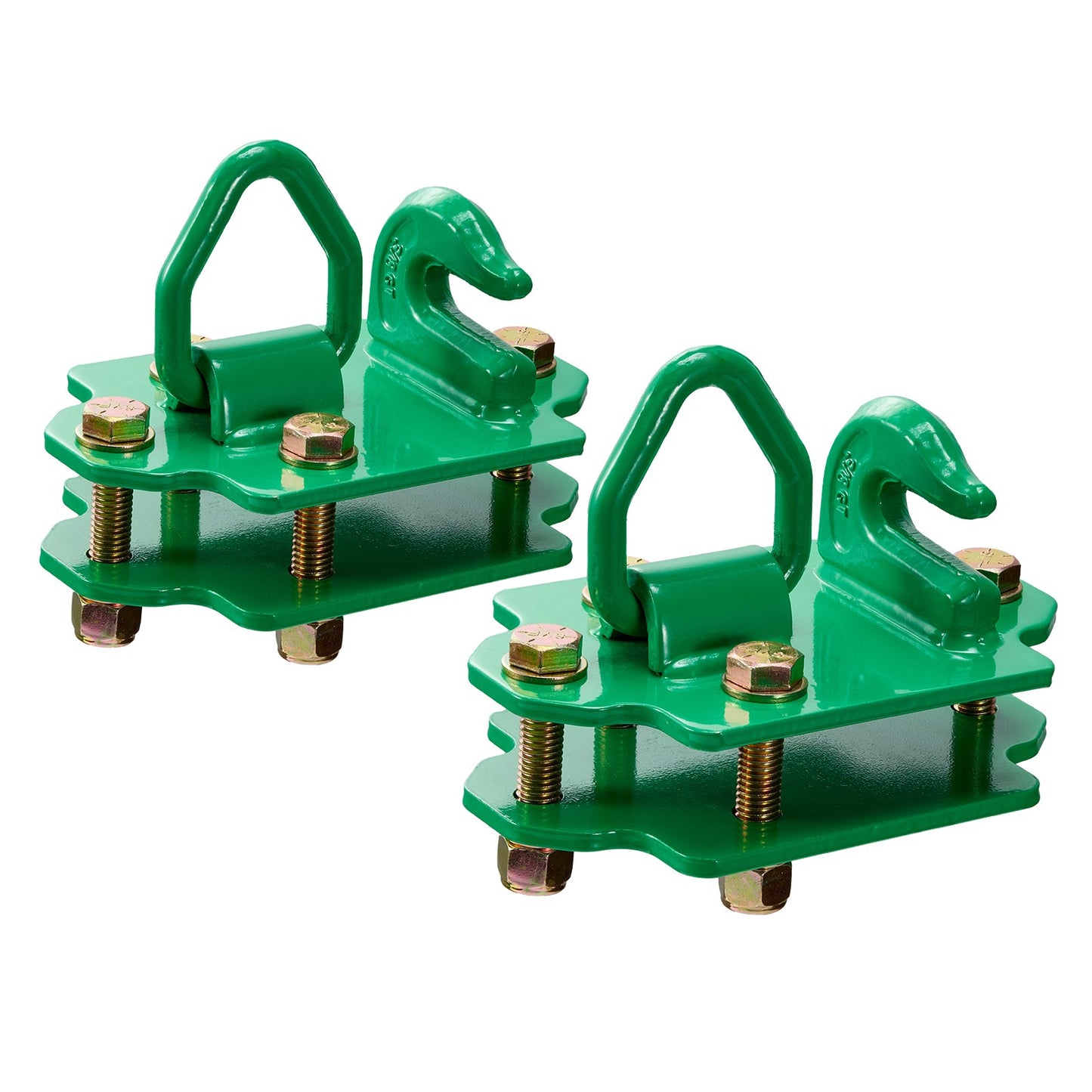 3/8" traktorskopkrokar med surrningsring, smidd stålklass 70, 2-pack bultade gripkrokar med bakplattor, fungerar bra för traktorskopa, husbil, UTV, lastbil, maximal brottstyrka 15 000 lbs, grön