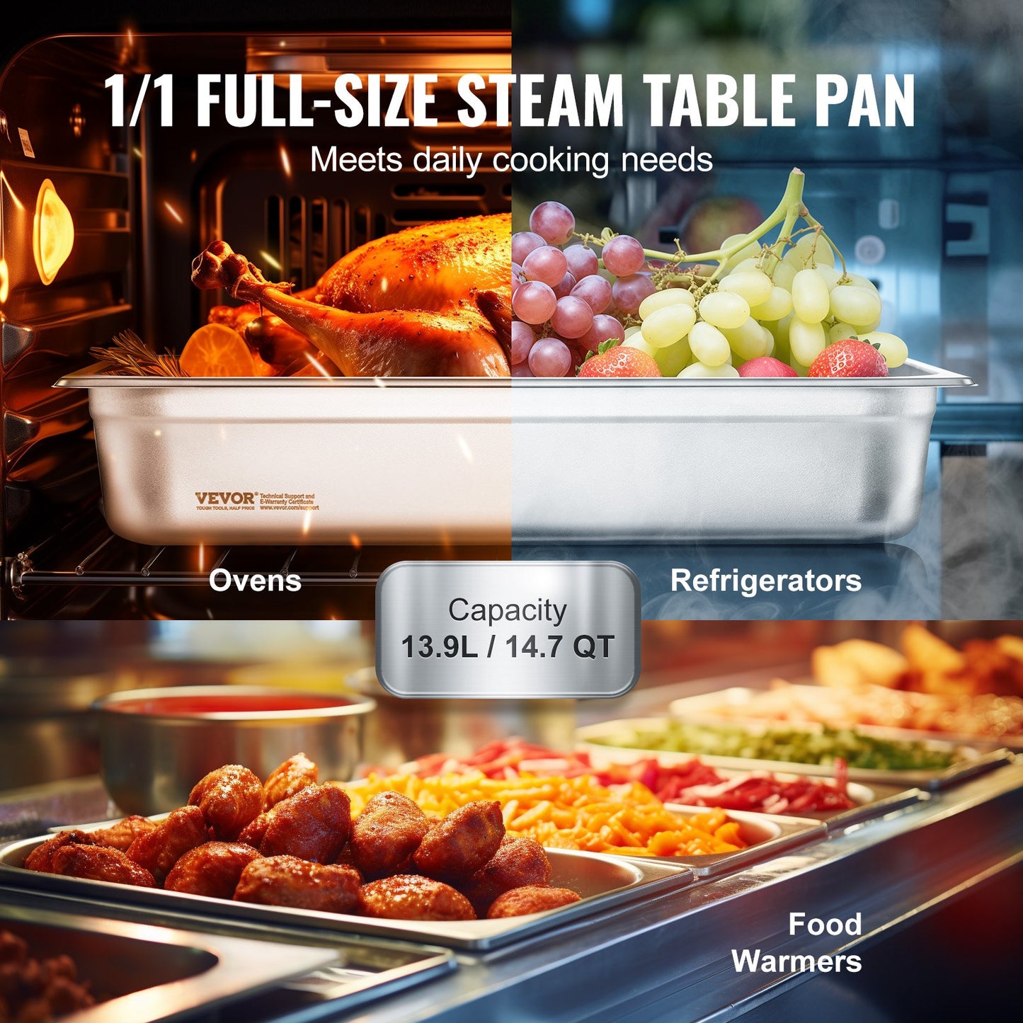 6 Pack Hotel Pans, Full Size Anti-Jam Steam Pan, 0.8mm Thick Stainless Steel Restaurant Steam Table Pan, 4-Inch Deep Commercial Table Pan, Catering Storage Food Pan, for Industrial & Scientific