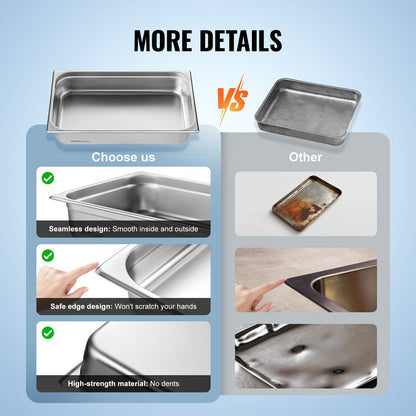 6 Pack Hotel Pans, Full Size Anti-Jam Steam Pan, 0.8mm Thick Stainless Steel Restaurant Steam Table Pan, 4-Inch Deep Commercial Table Pan, Catering Storage Food Pan, for Industrial & Scientific