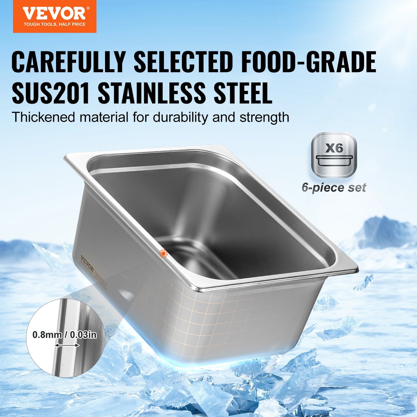 6 Pack Hotel Pans, 1/2 Size Anti-Jam Steam Pan, 0.8mm Thick Stainless Steel Restaurant Steam Table Pan, 6-Inch Deep Commercial Table Pan, Catering Storage Food Pan, for Industrial & Scientific