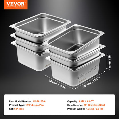 6 Pack Hotel Pans, 1/2 Size Anti-Jam Steam Pan, 0.8mm Thick Stainless Steel Restaurant Steam Table Pan, 6-Inch Deep Commercial Table Pan, Catering Storage Food Pan, for Industrial & Scientific