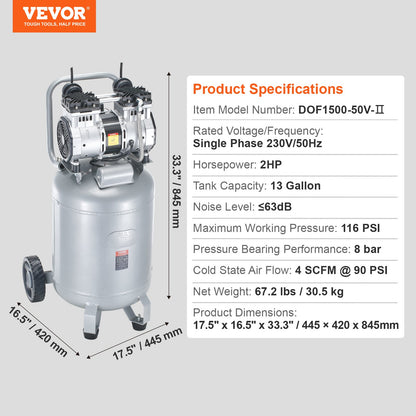 49.2 L Air Compressor 2HP 4 SCFM@90PSI Oil Free Air Compressor 116PSI